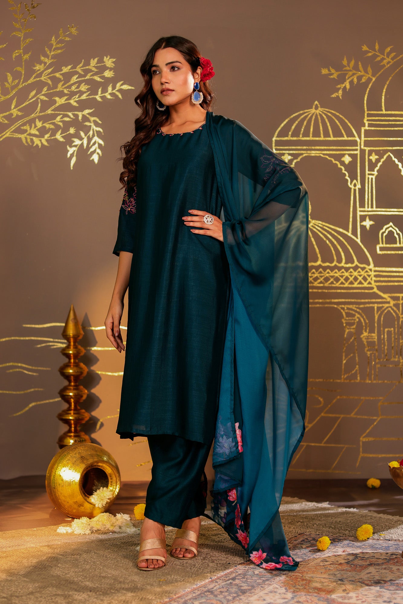 Dark Teal Blue Kamal Kurta Set