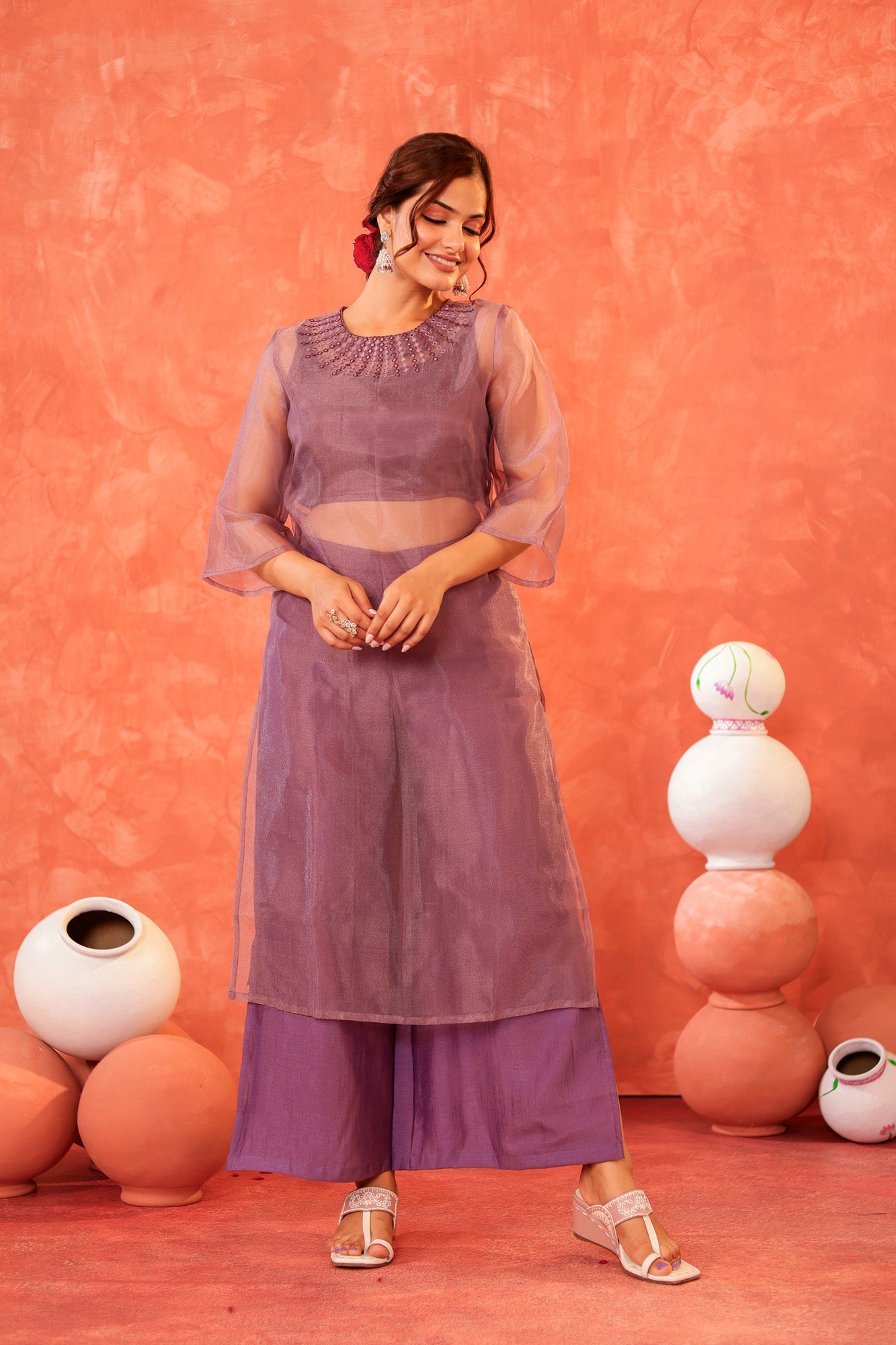 Lavender Double Layer Kurti Set