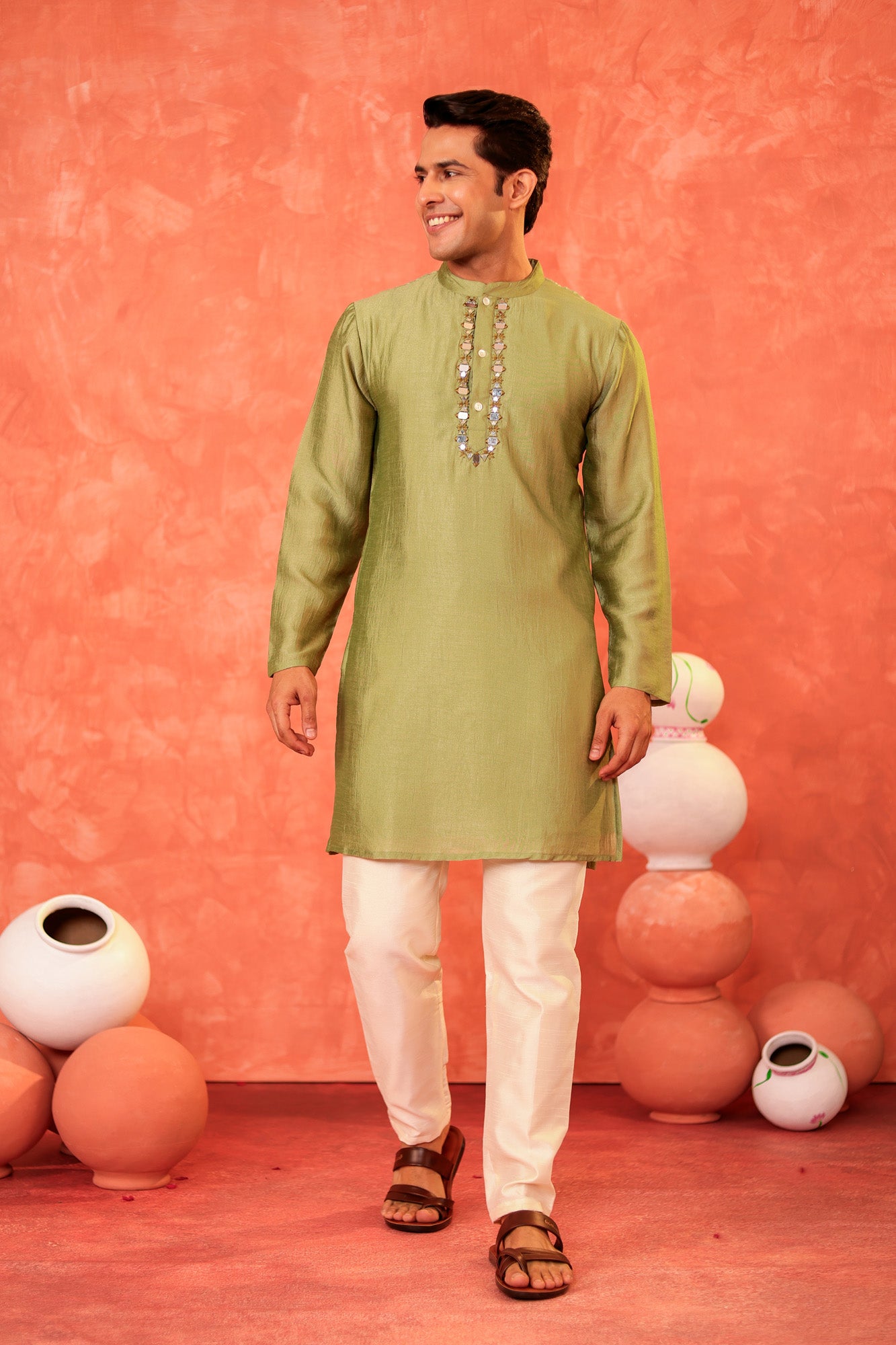 Dusty Green Mens Kurta Pajama