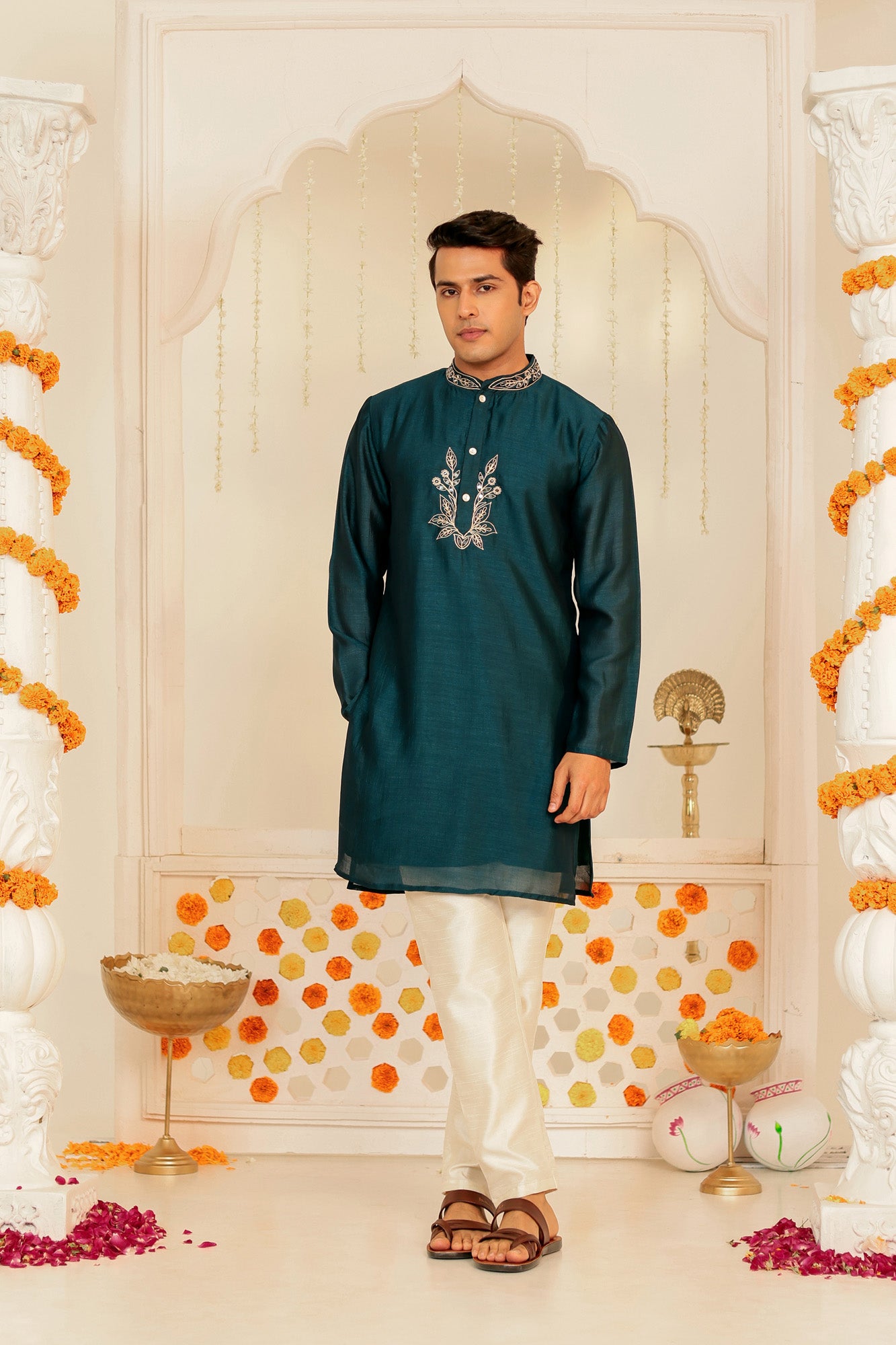 Teal Blue Embroidered Mens Kurta Pajama