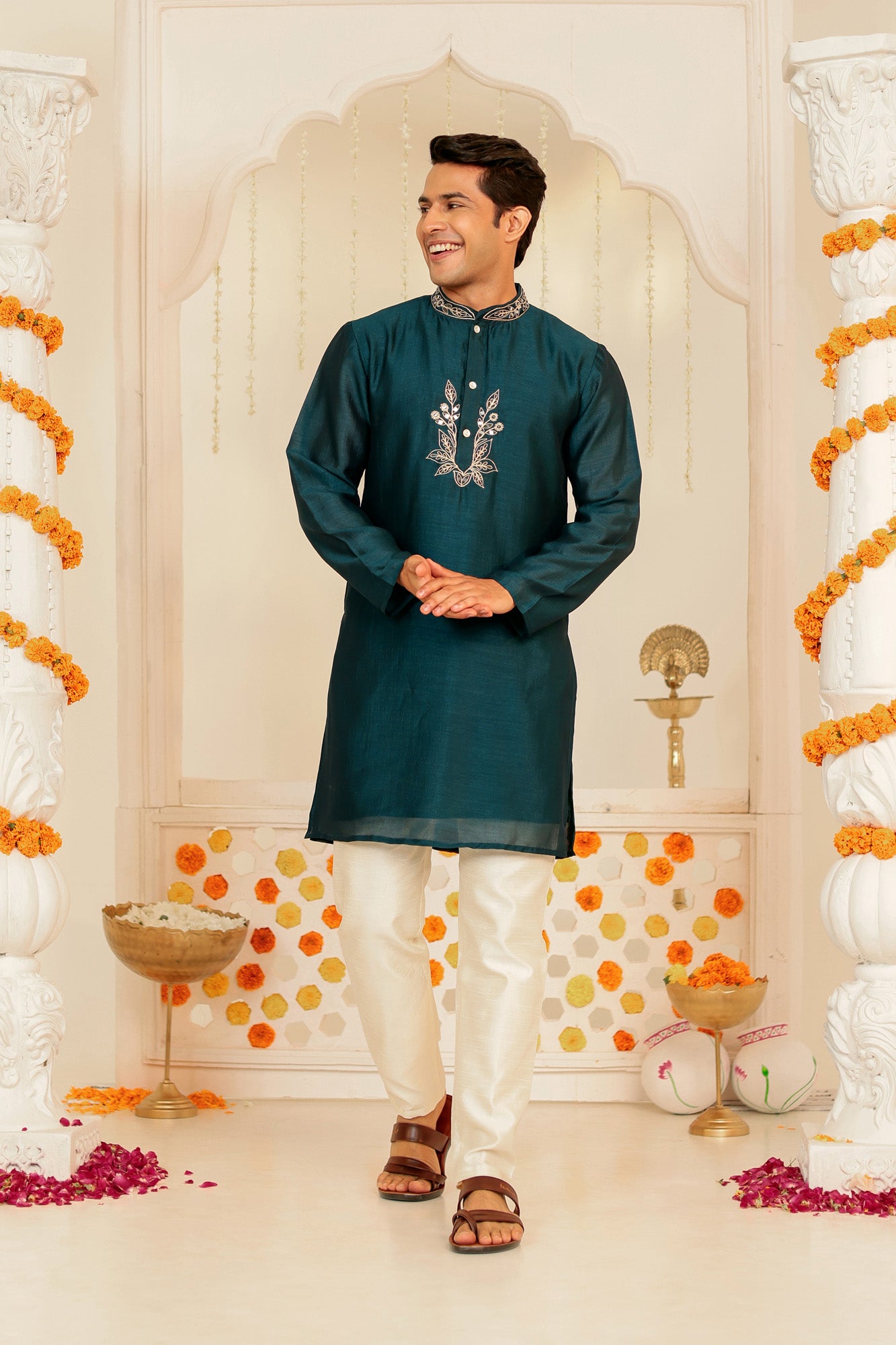 Teal Blue Embroidered Mens Kurta Pajama