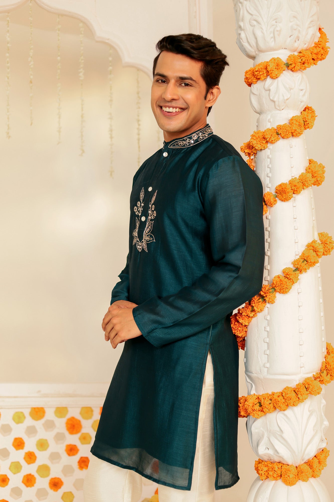 Teal Blue Embroidered Mens Kurta Pajama