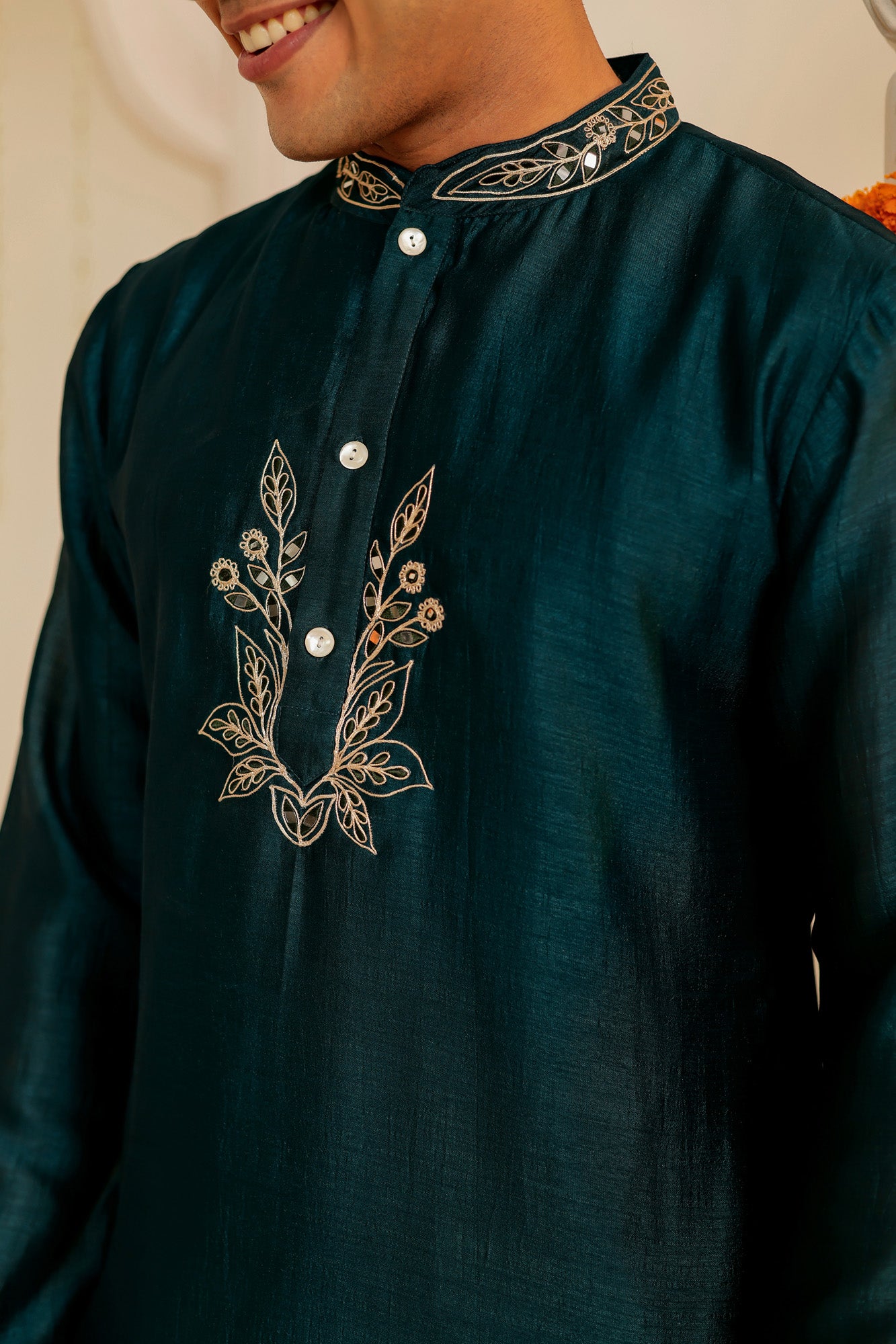 Teal Blue Embroidered Mens Kurta Pajama