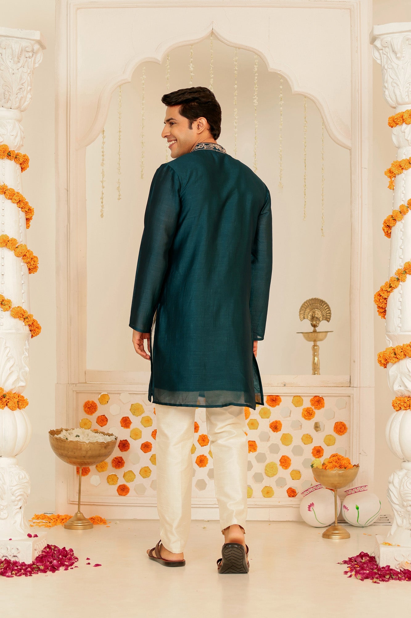 Teal Blue Embroidered Mens Kurta Pajama