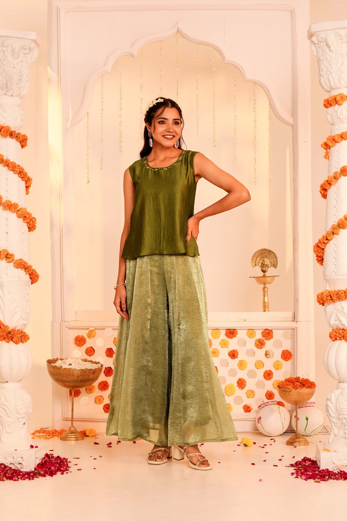 Green Sleeveless Kurti and Palazzo Set