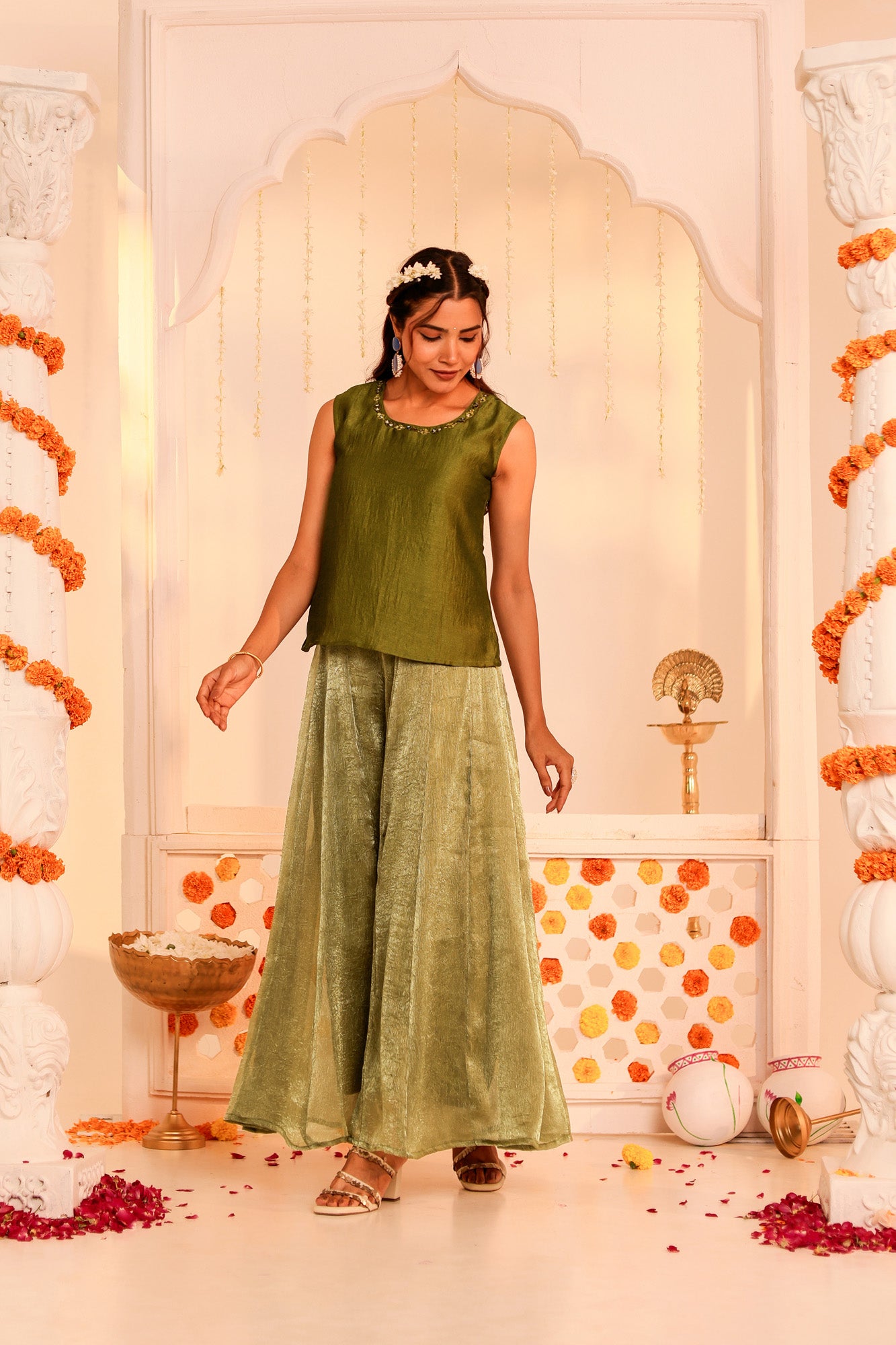 Green Sleeveless Kurti and Palazzo Set