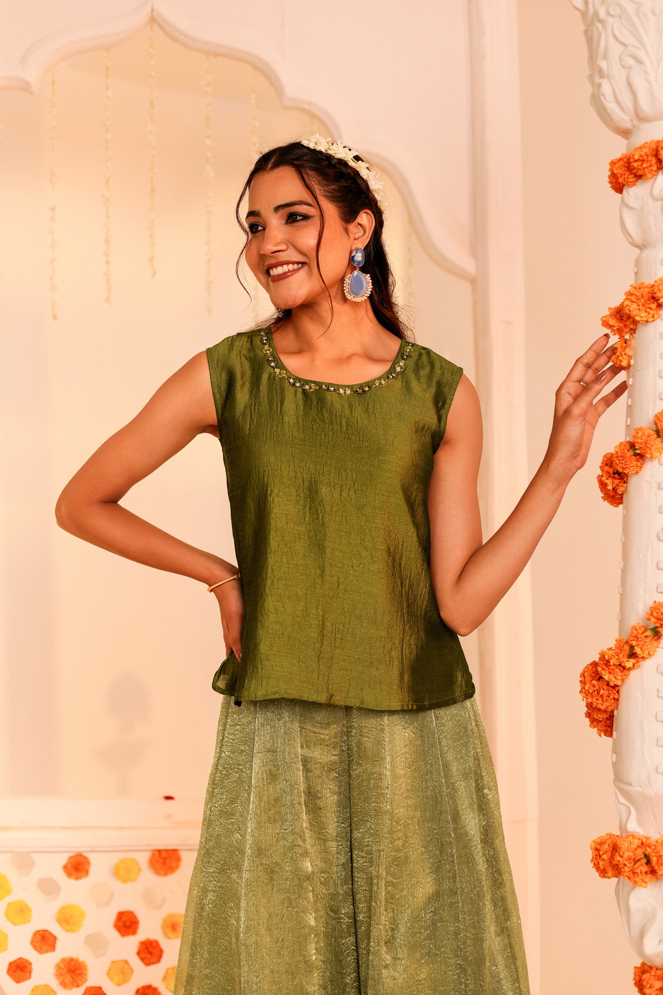 Green Sleeveless Kurti and Palazzo Set