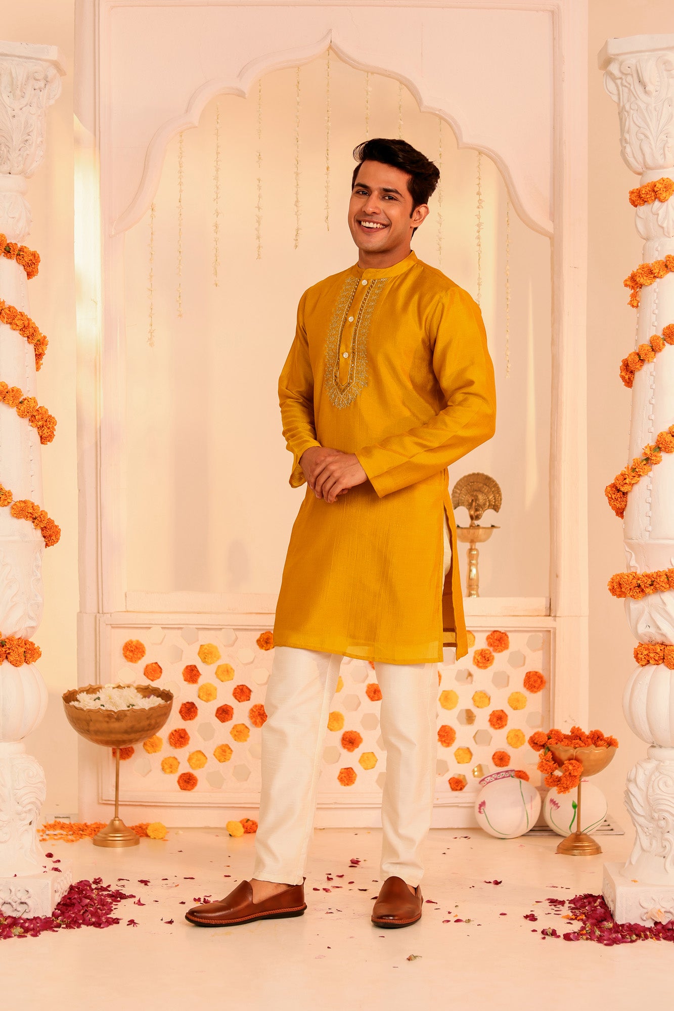 Mustard Utsav Embroidered Mens Kurta Pajama