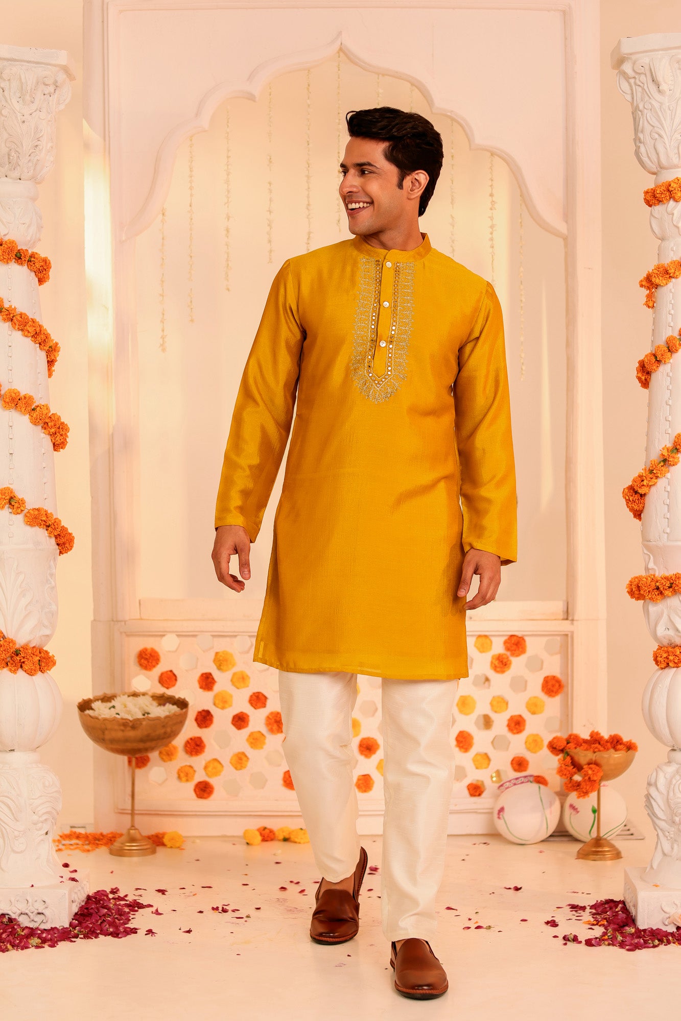 Mustard Utsav Embroidered Mens Kurta Pajama