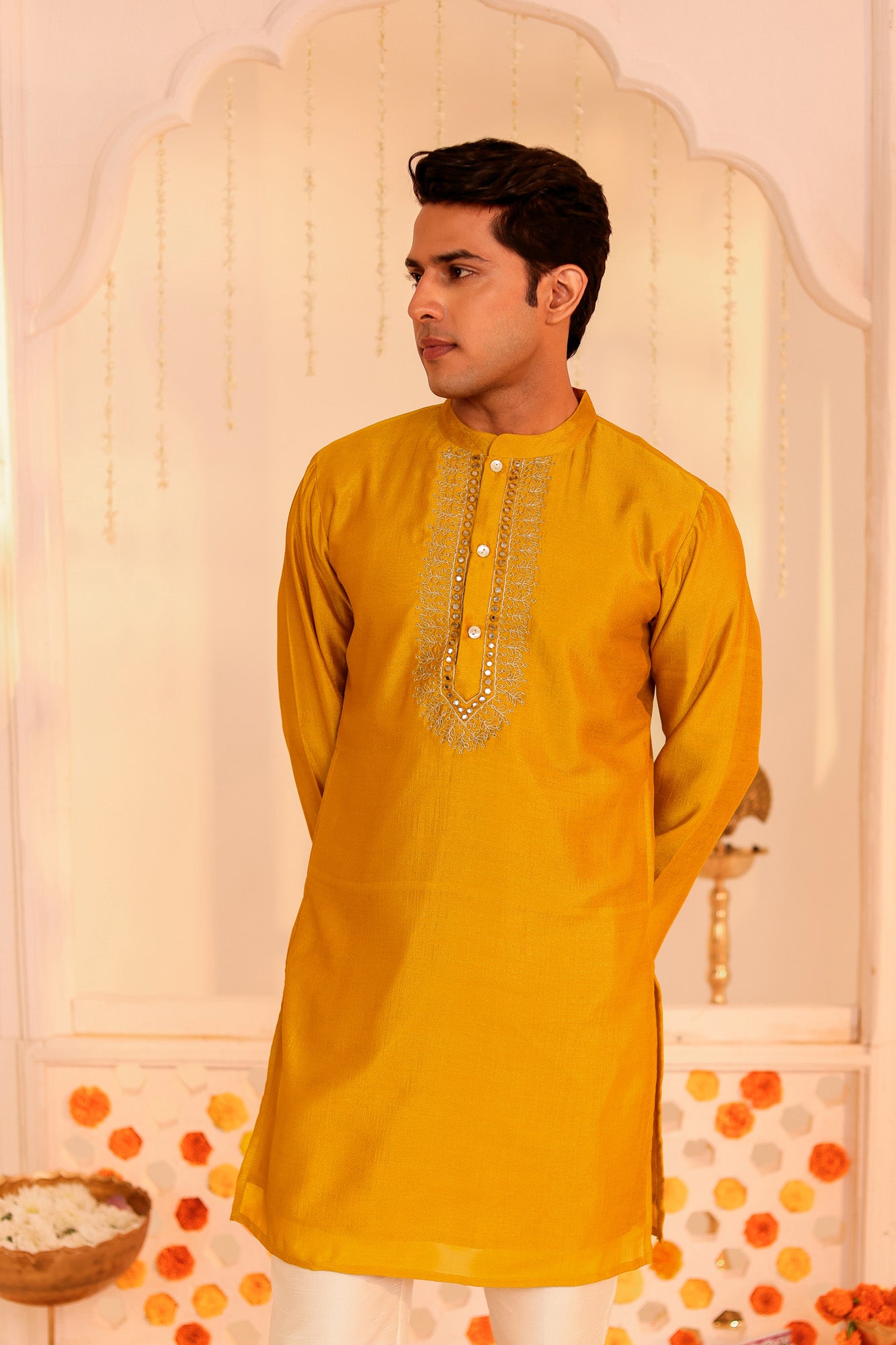 Mustard Utsav Embroidered Mens Kurta Pajama