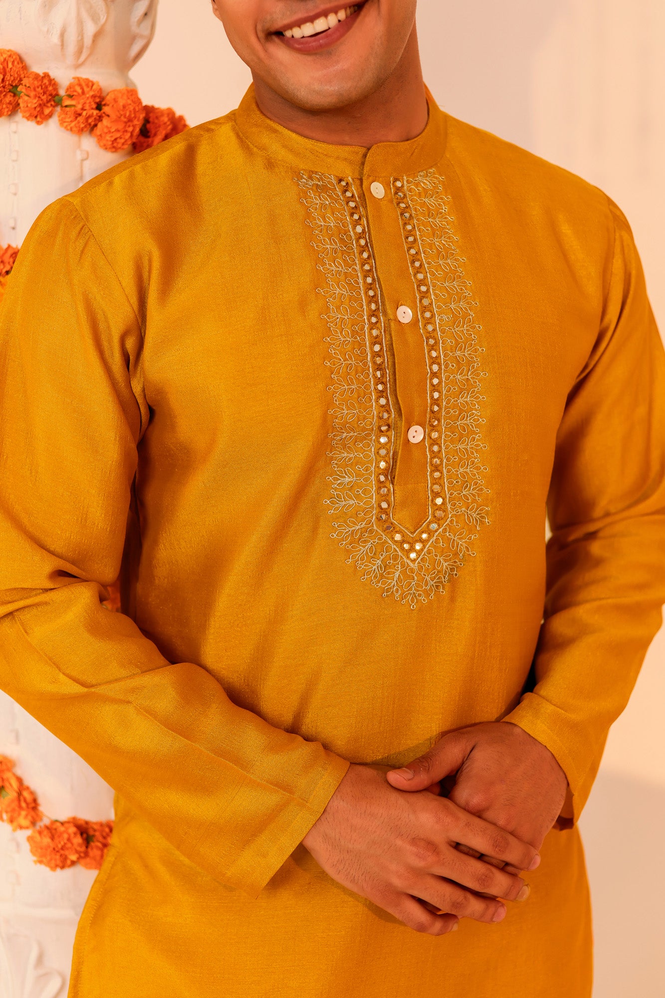 Mustard Utsav Embroidered Mens Kurta Pajama