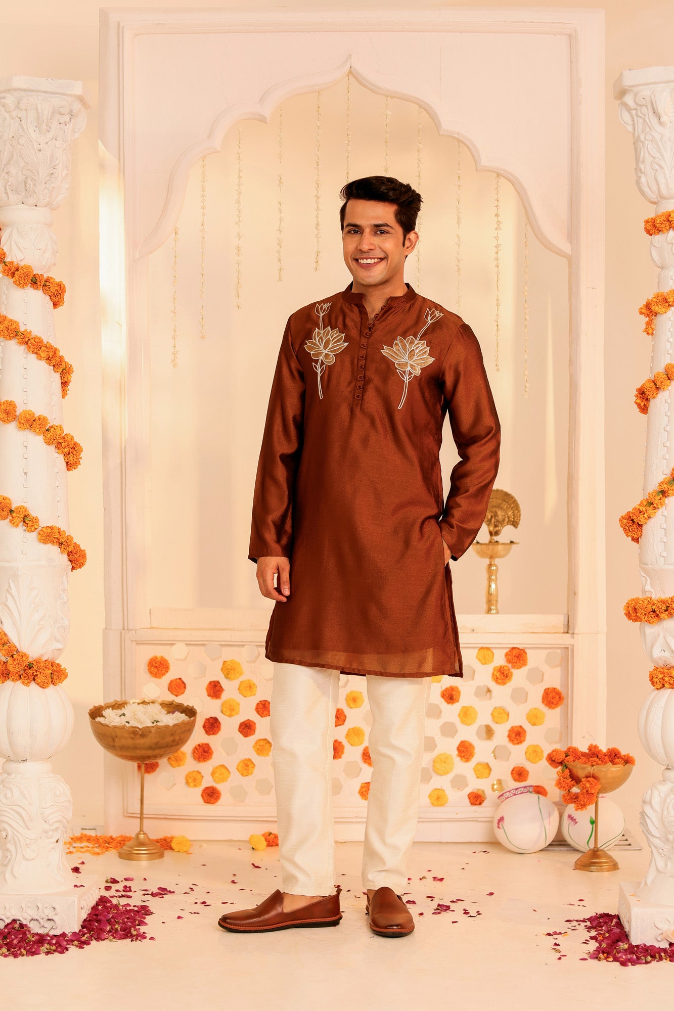 Rust Orange Embroidered Mens Kurta Pajama