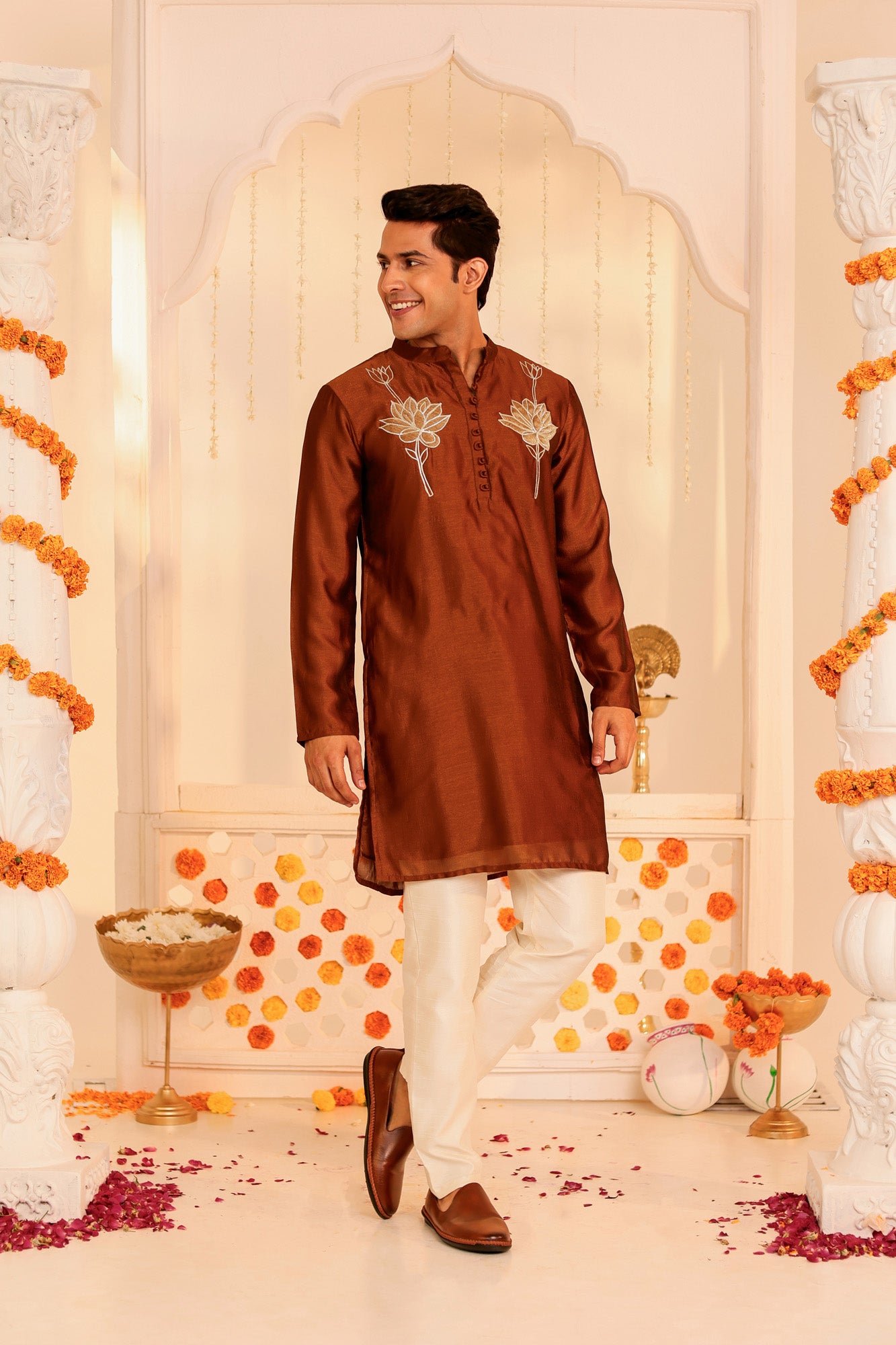 Rust Orange Embroidered Mens Kurta Pajama