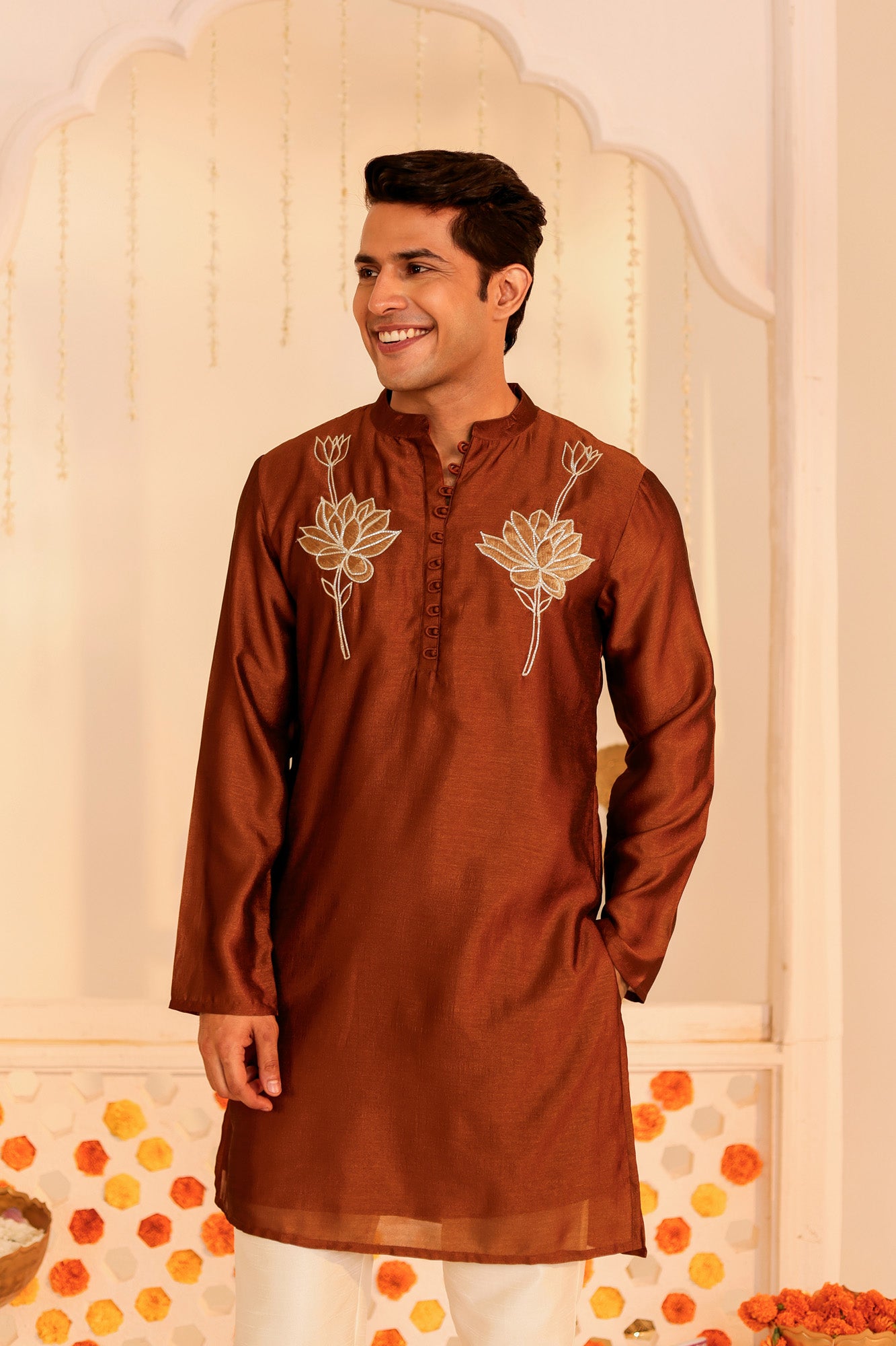 Rust Orange Embroidered Mens Kurta Pajama