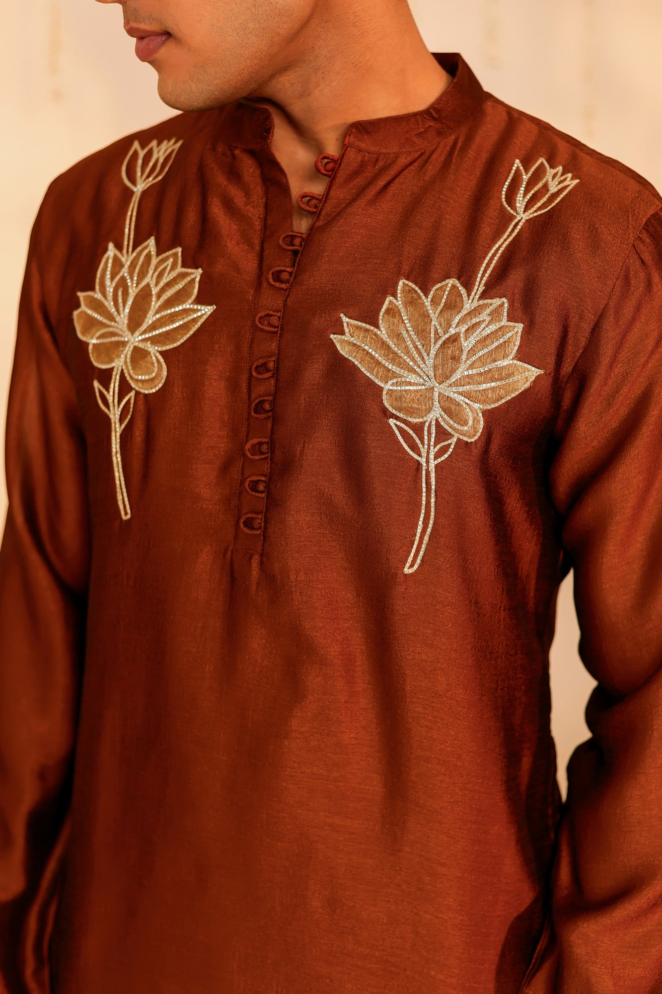 Rust Orange Embroidered Mens Kurta Pajama