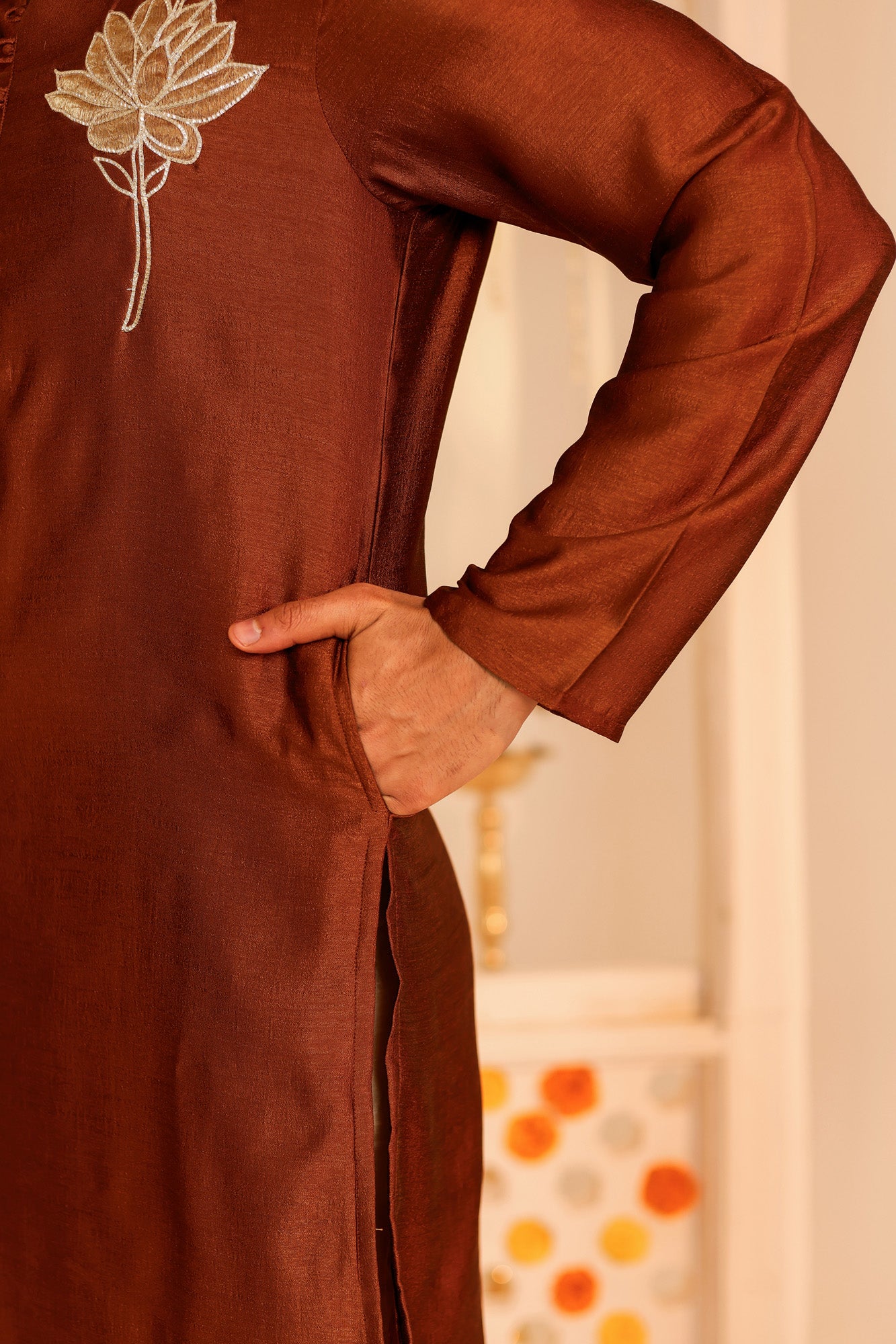 Rust Orange Embroidered Mens Kurta Pajama