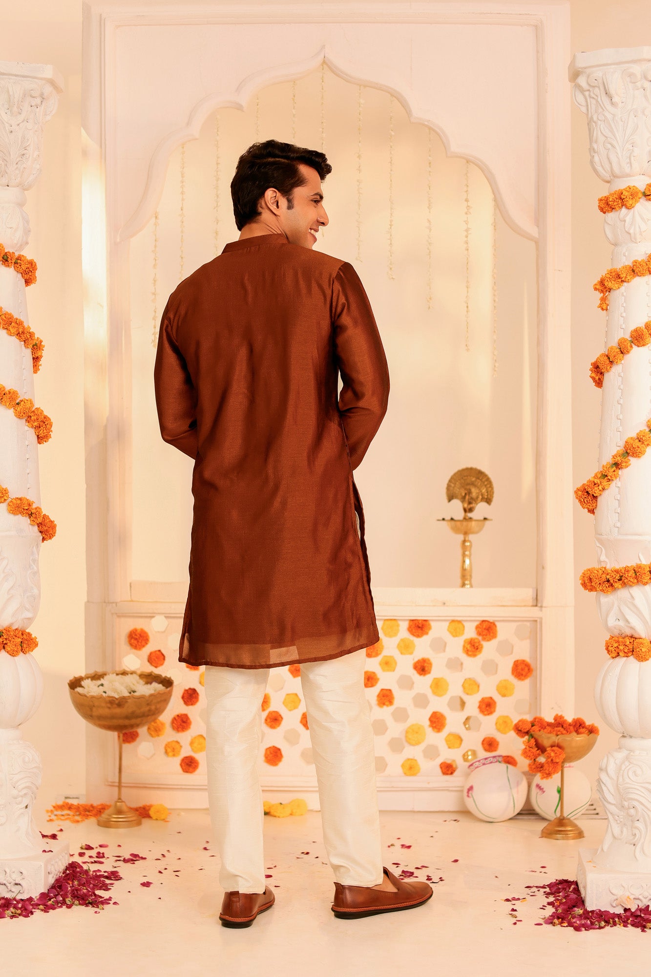 Rust Orange Embroidered Mens Kurta Pajama