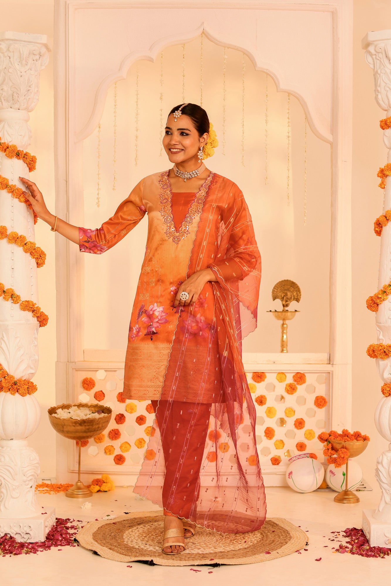 Orange Embroidered Kurta Set