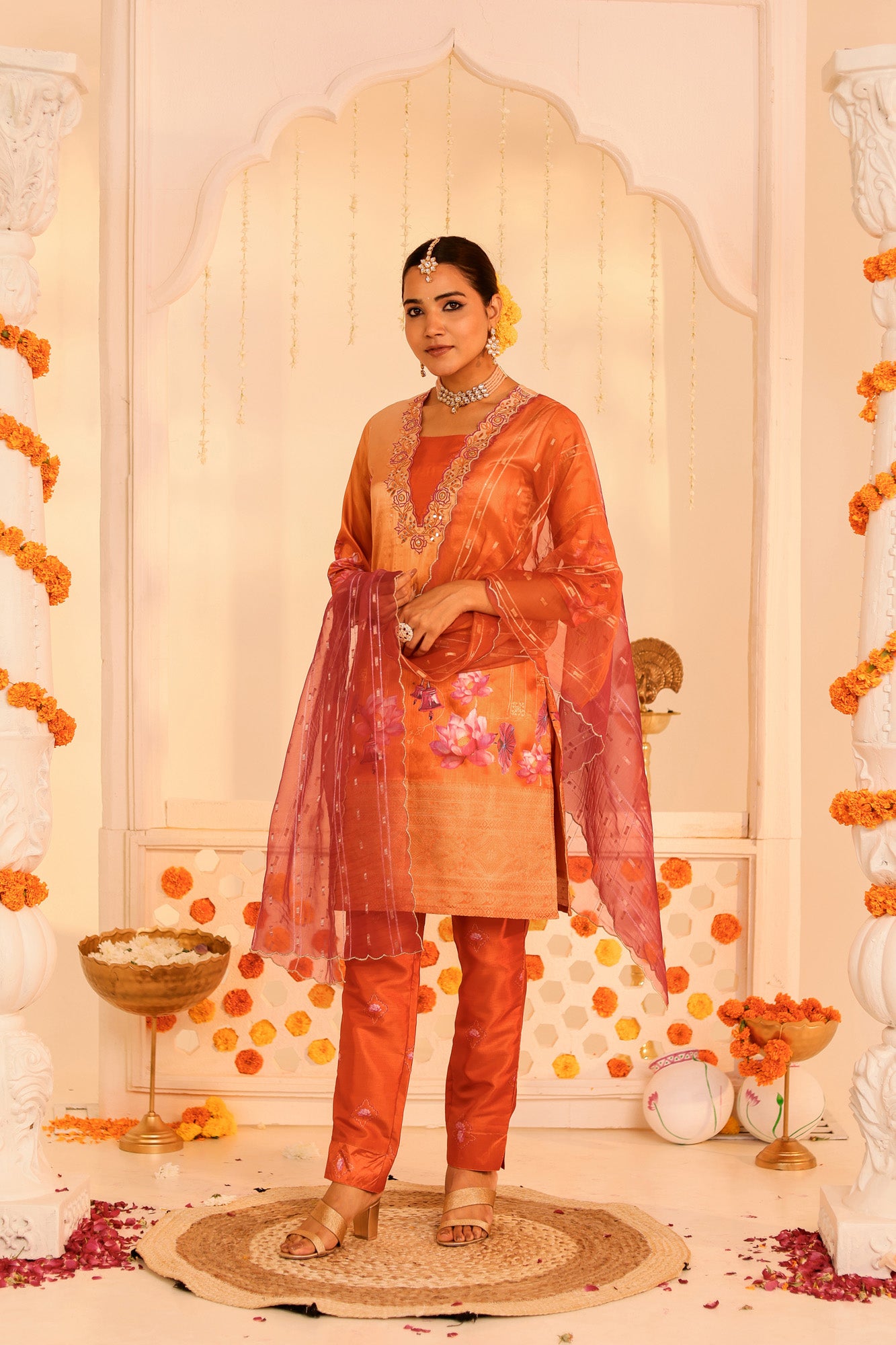 Orange Embroidered Kurta Set