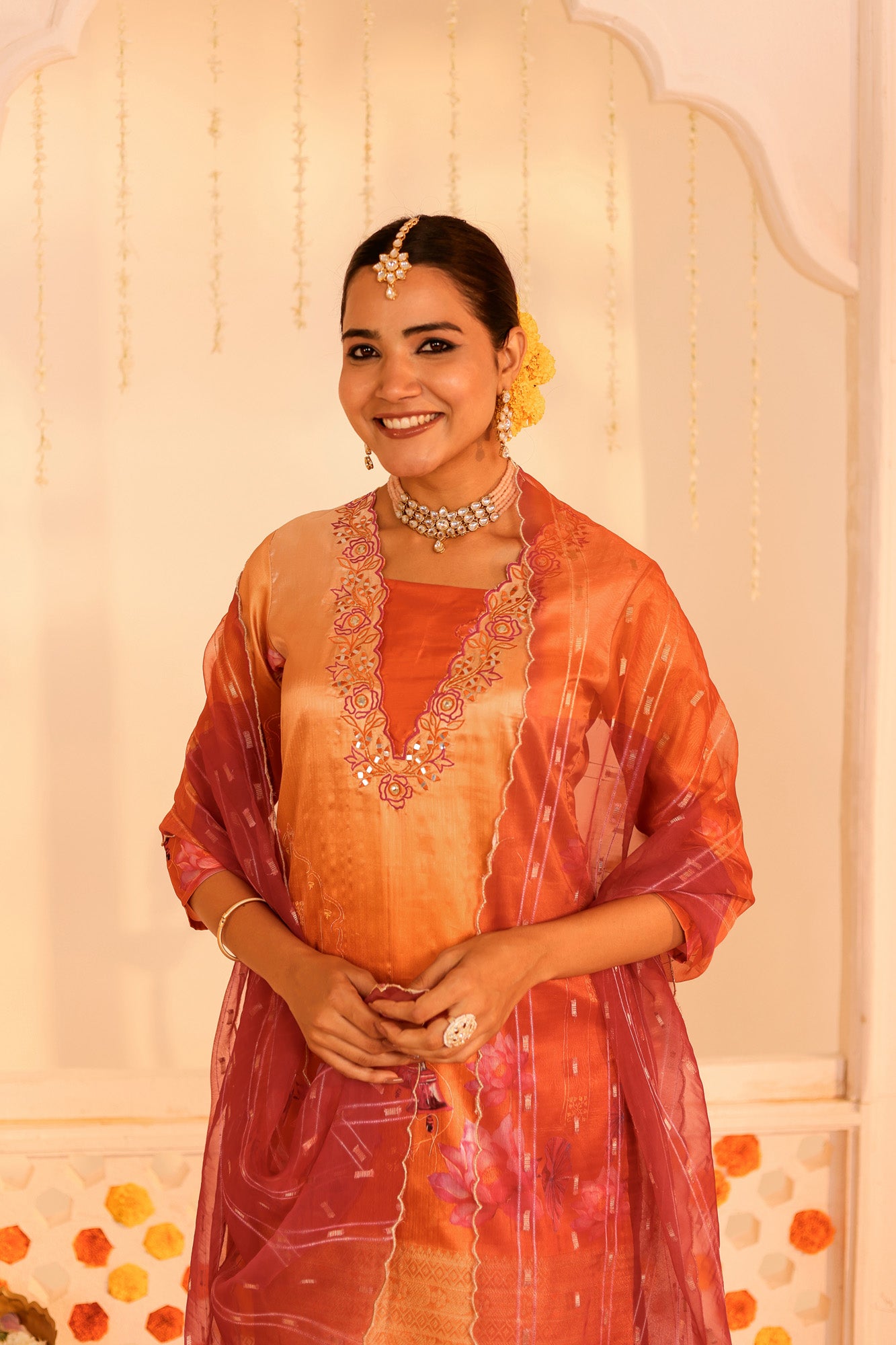 Orange Embroidered Kurta Set