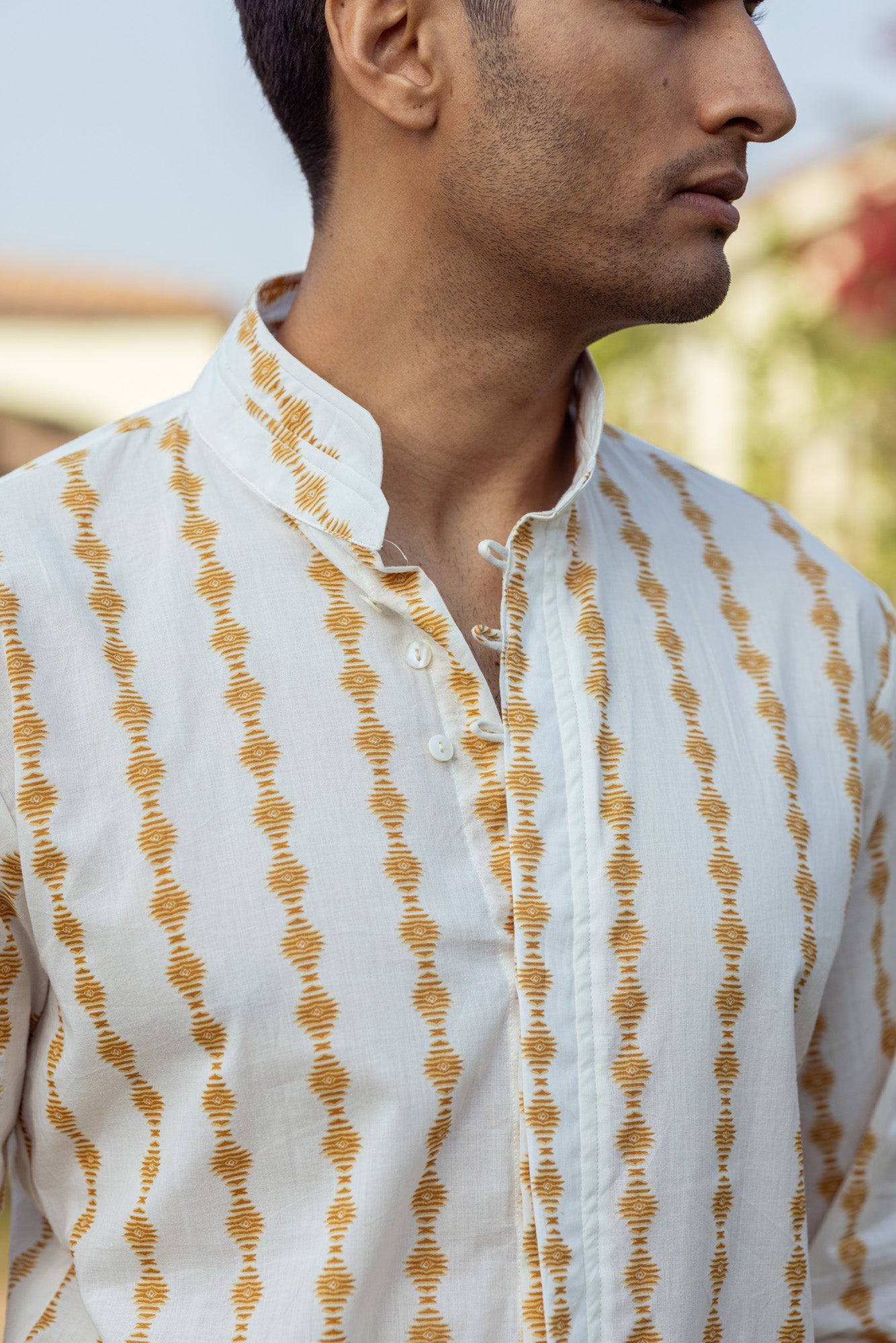 Cream Mandarin Collar Full Sleeve Shirt