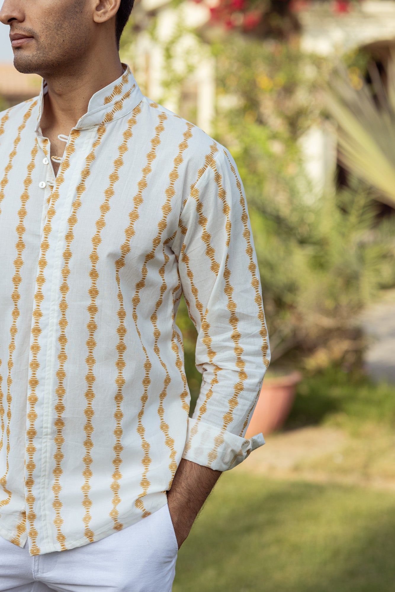 Cream Mandarin Collar Full Sleeve Shirt
