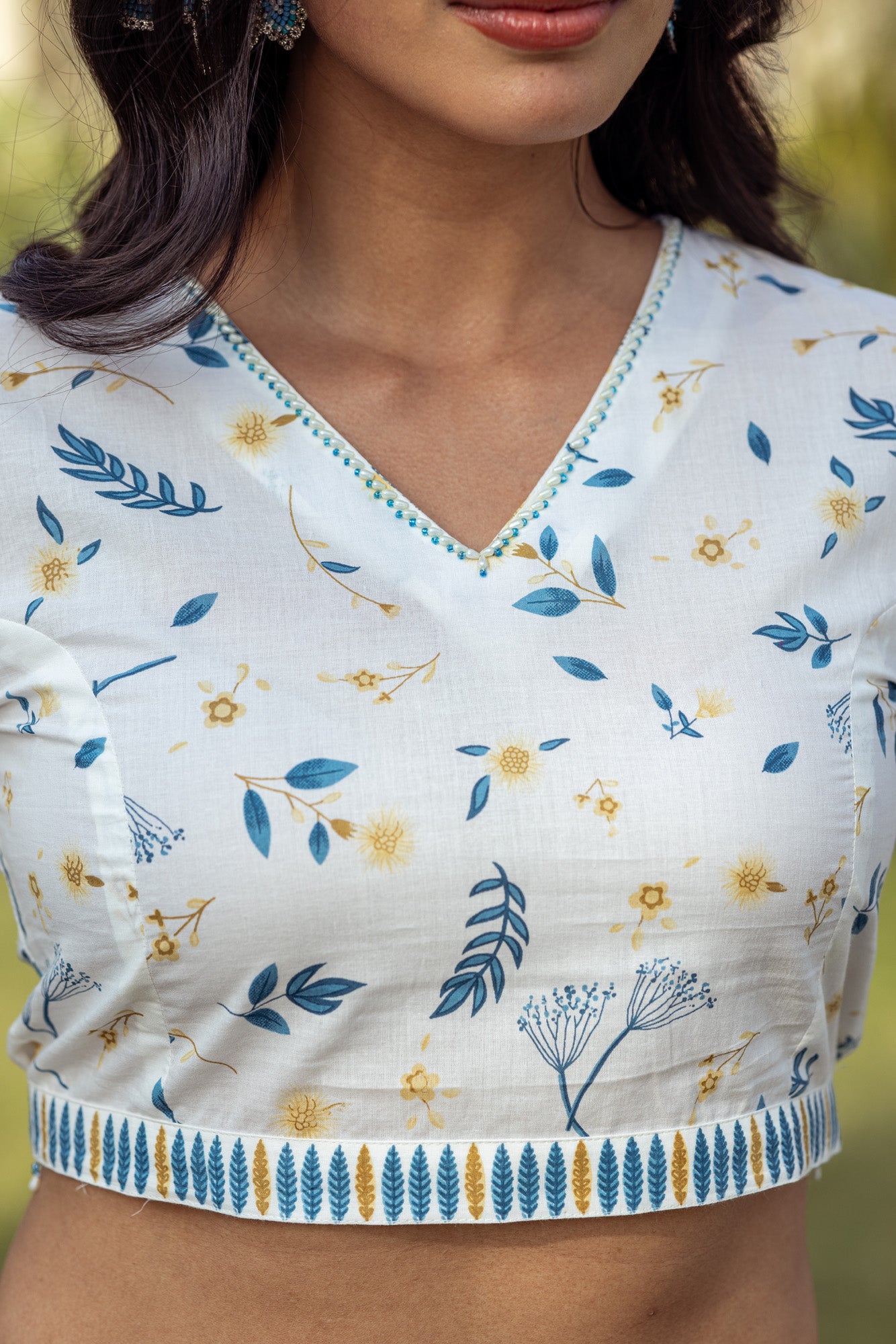 Blue Tropical Print Blouse with Skirt
