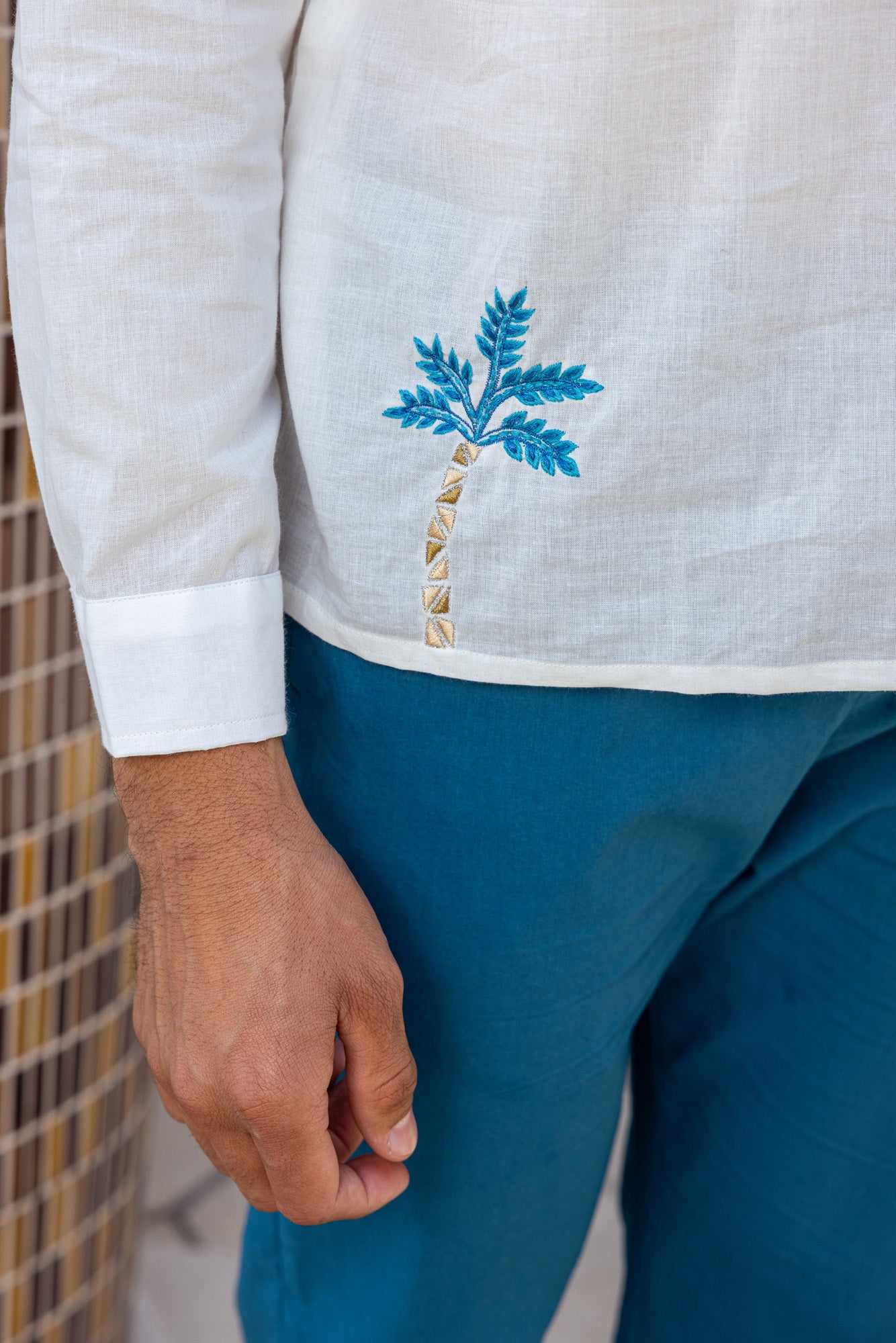 White Mens Shirt Kurta with Embroidery