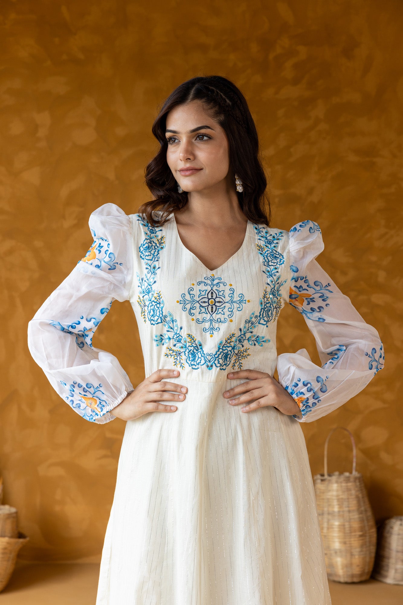 Azure Embroidered Yoke Dress