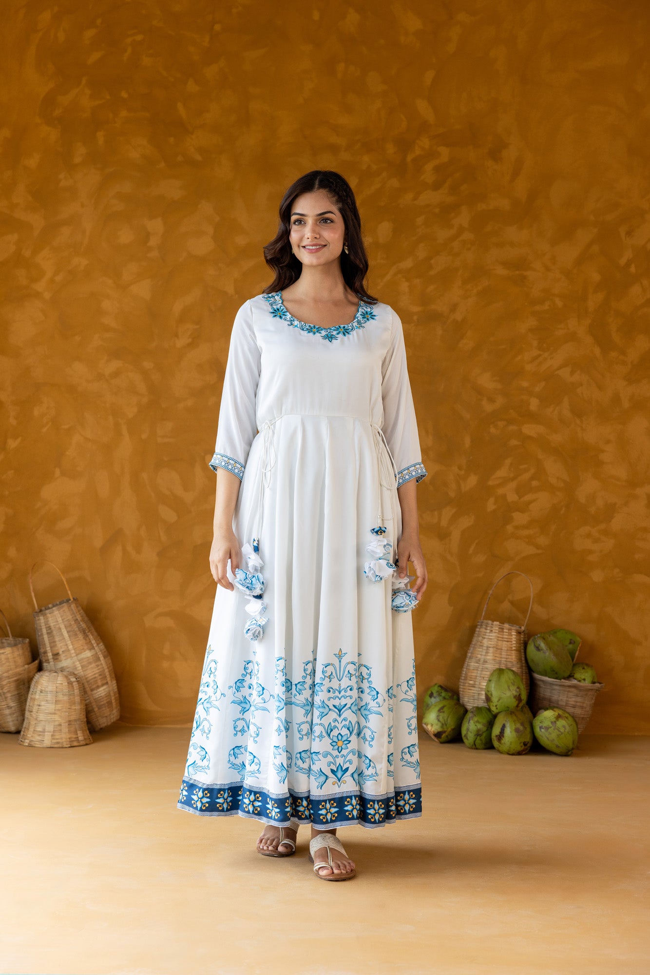 Embroidered Neckline Long Dress