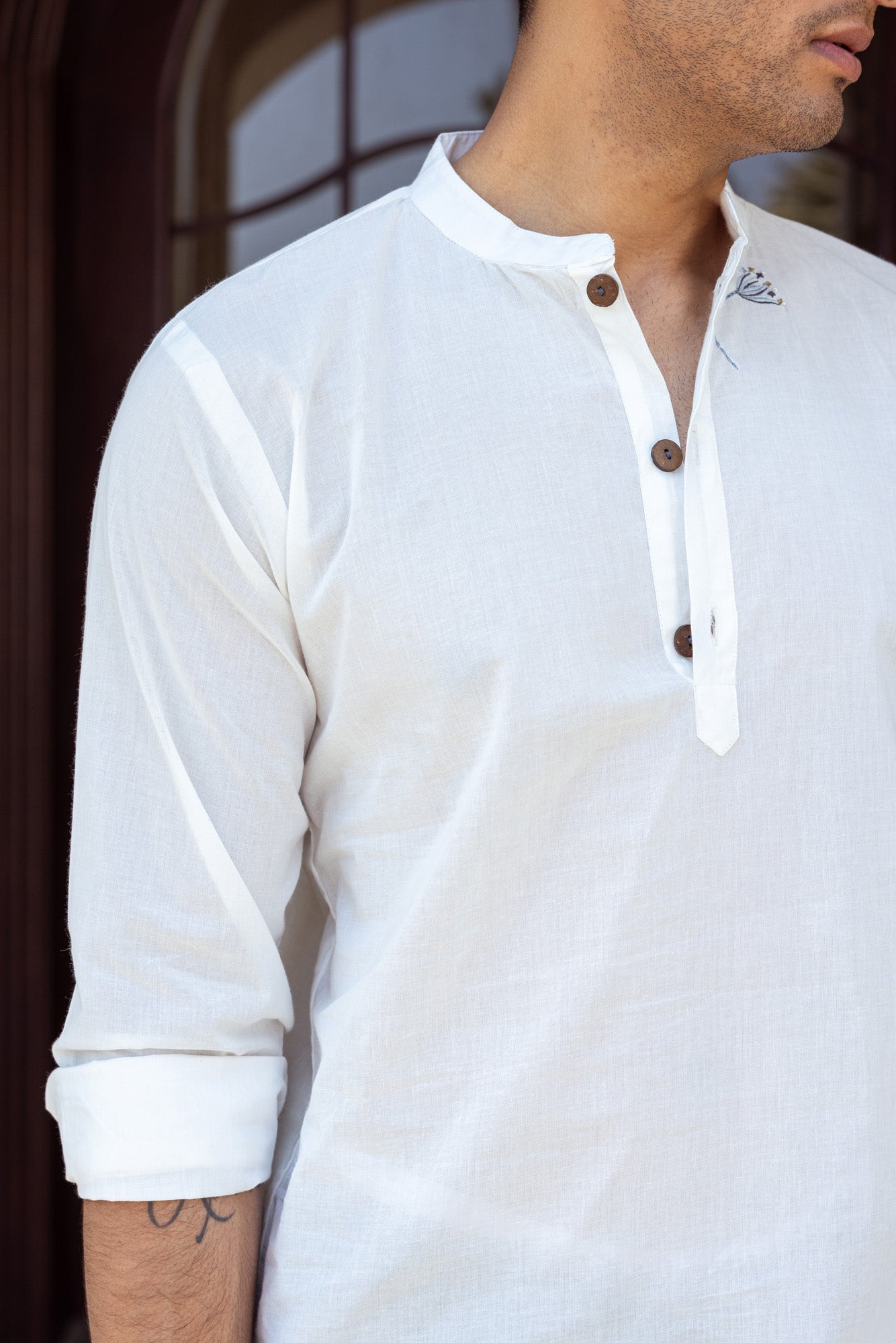 White Mandarin Collar Shirt with Embroidery