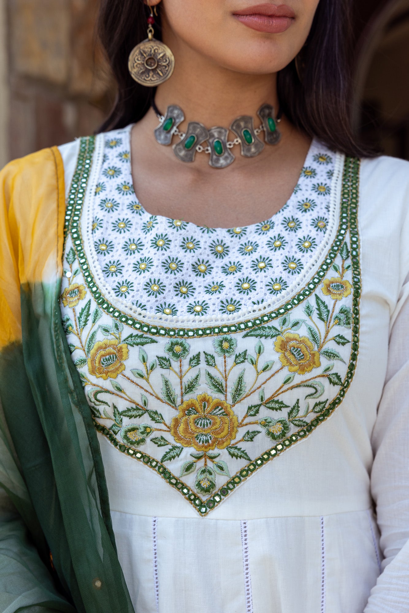 Green Print on White Anarkali Kurta