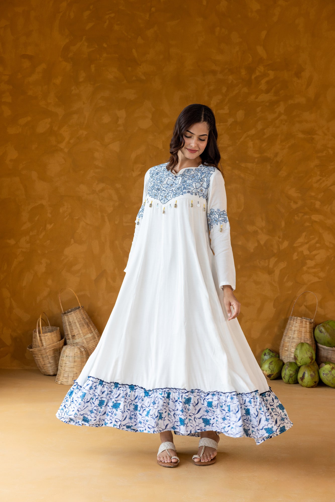 Blue on White Embroidered  Long Dress