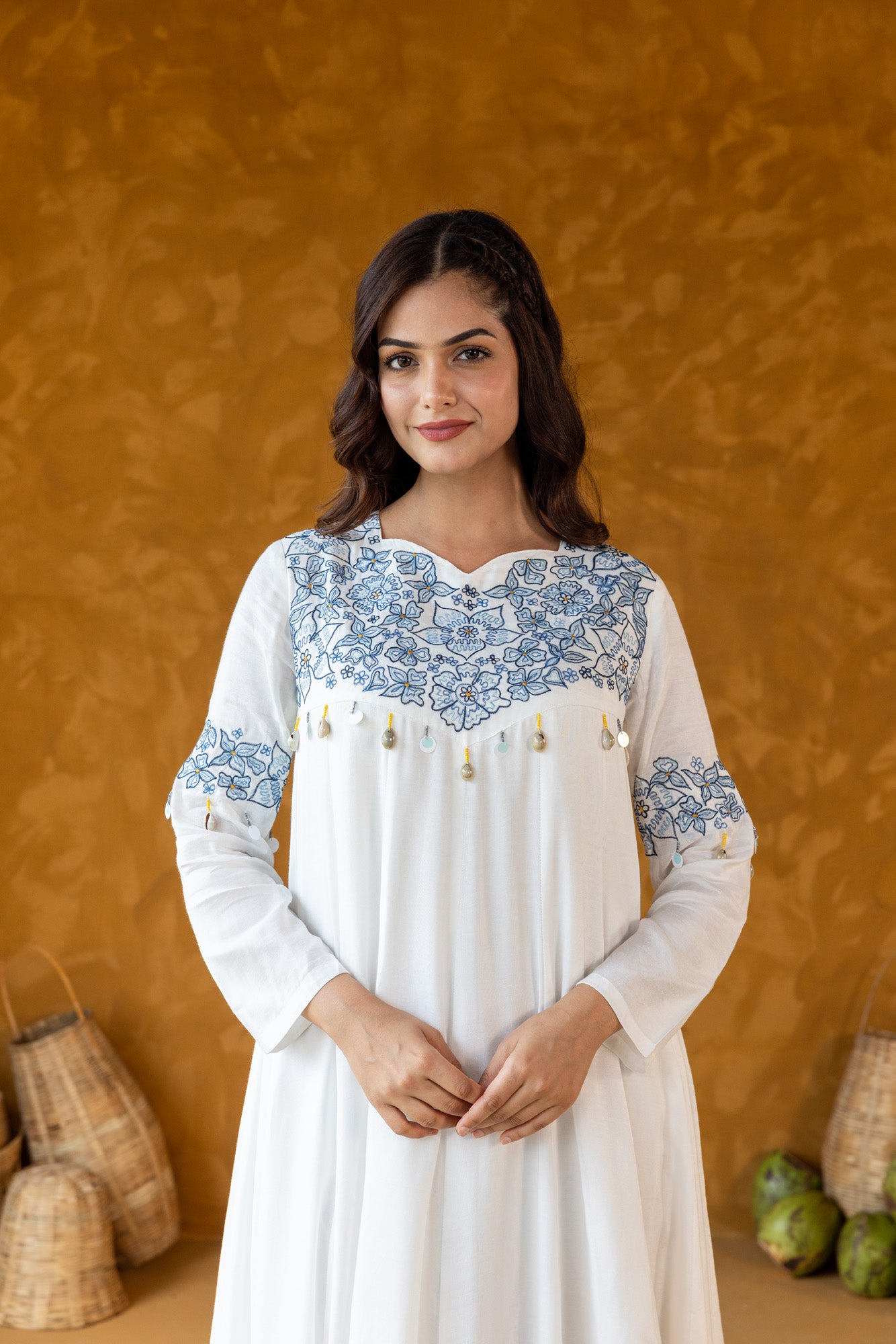 Blue on White Embroidered  Long Dress