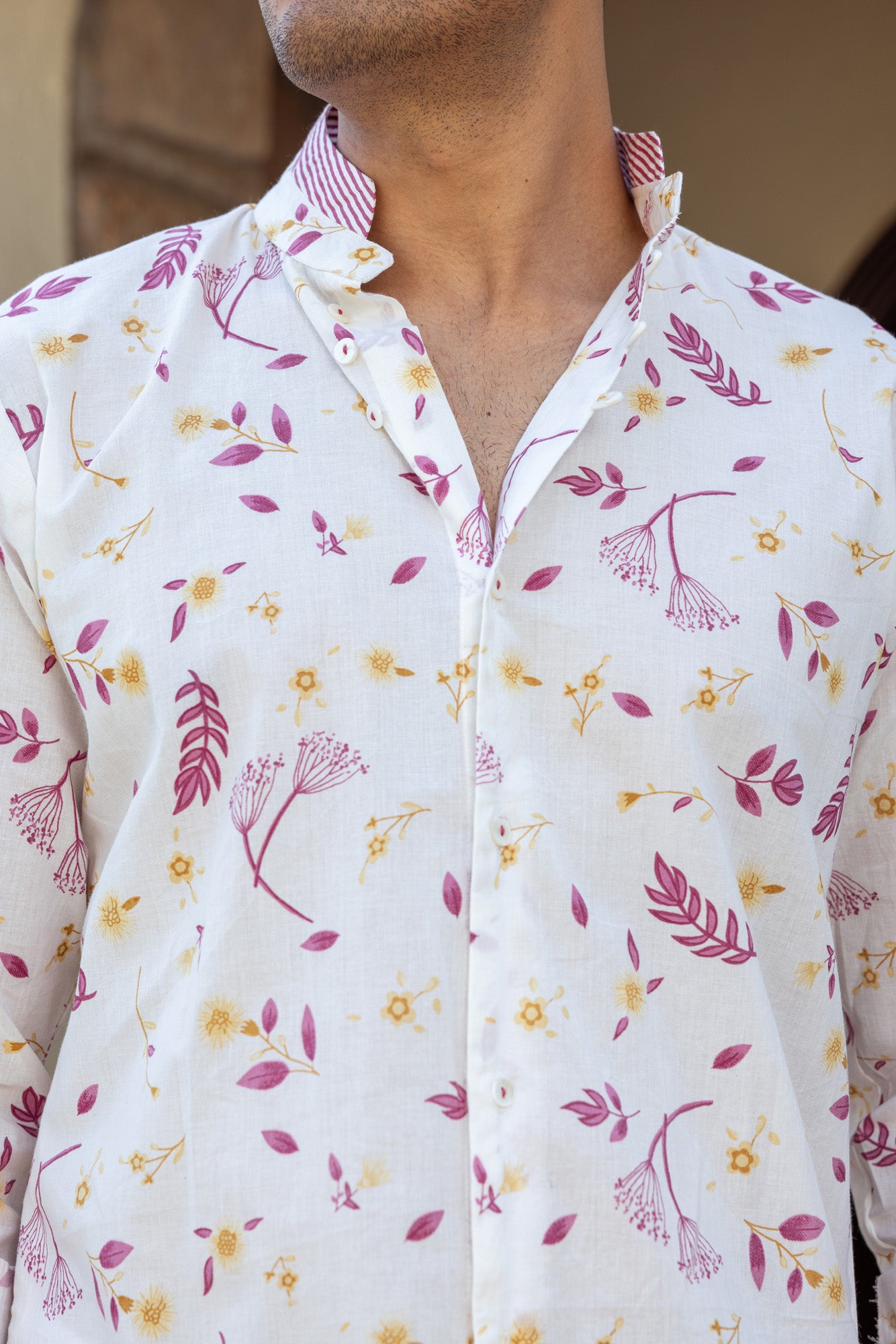 Tropical Print Mandarin Collar Mens Shirt