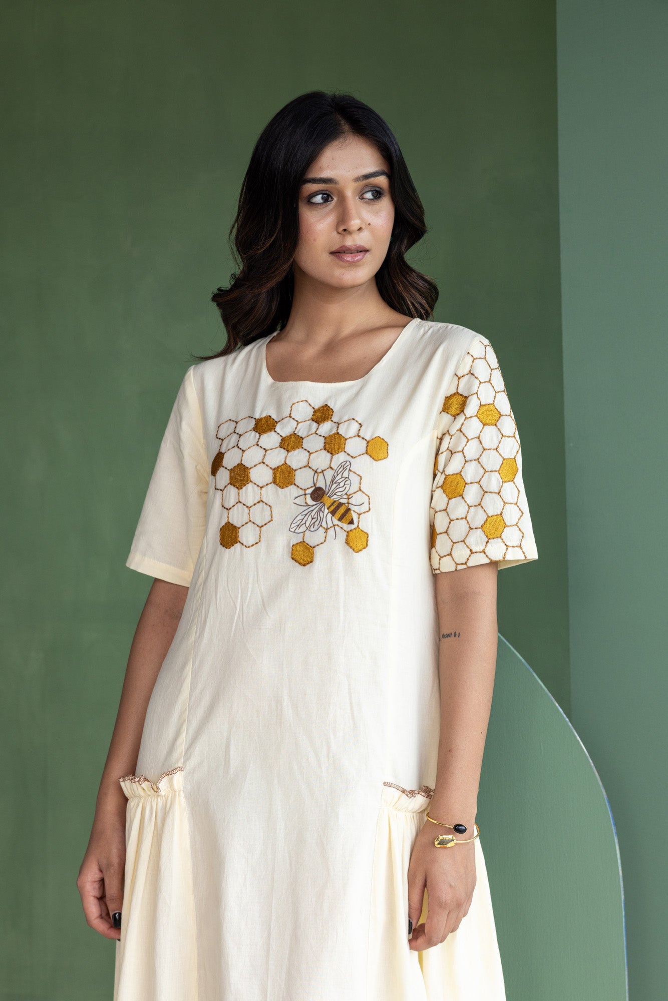 Honeycomb Embroidered Cream Dress