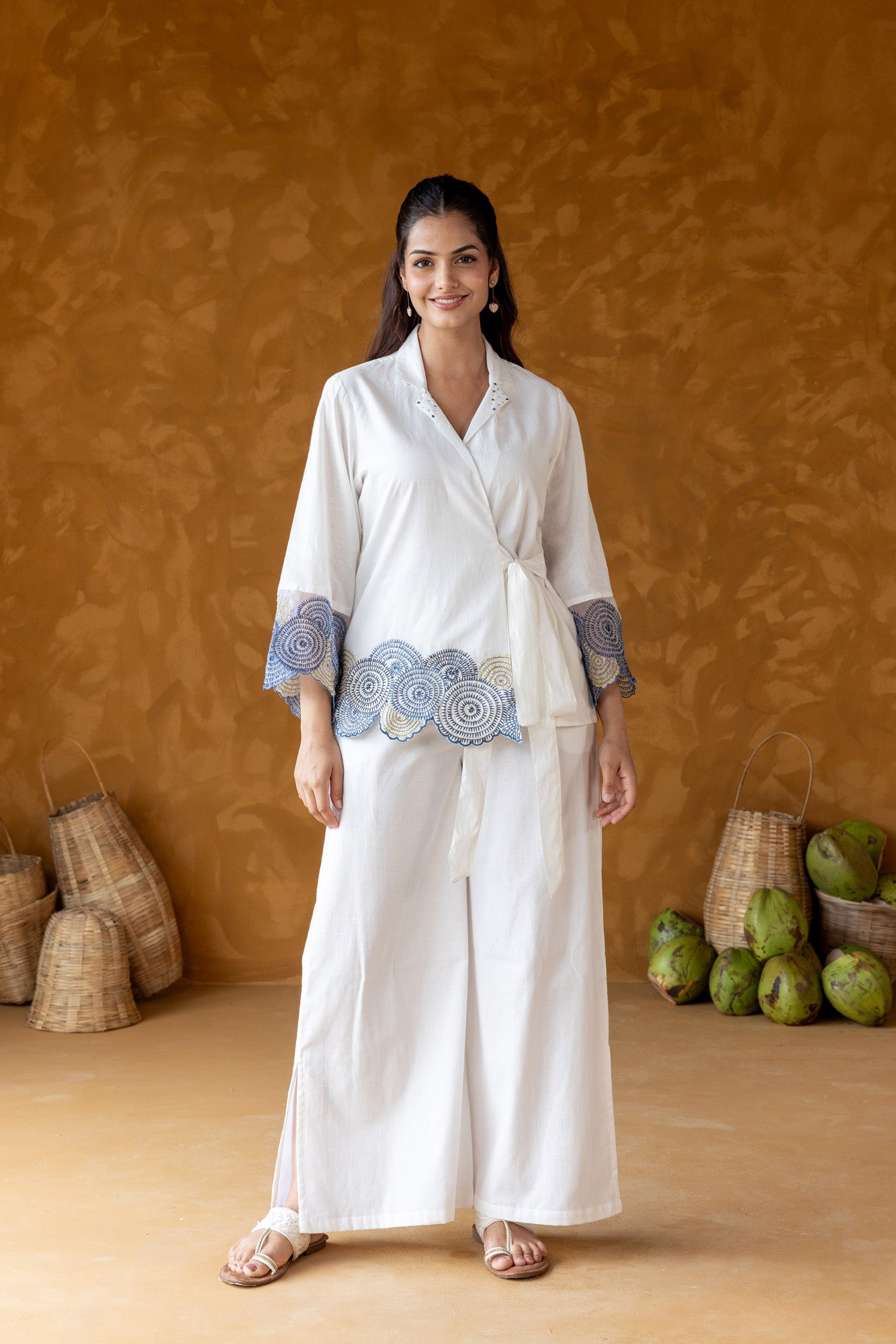 White Embroidered Wrap around Co ord Set