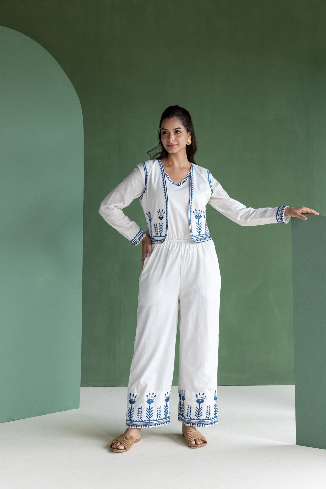 White Embroidered Jump suit with Crop Jacket