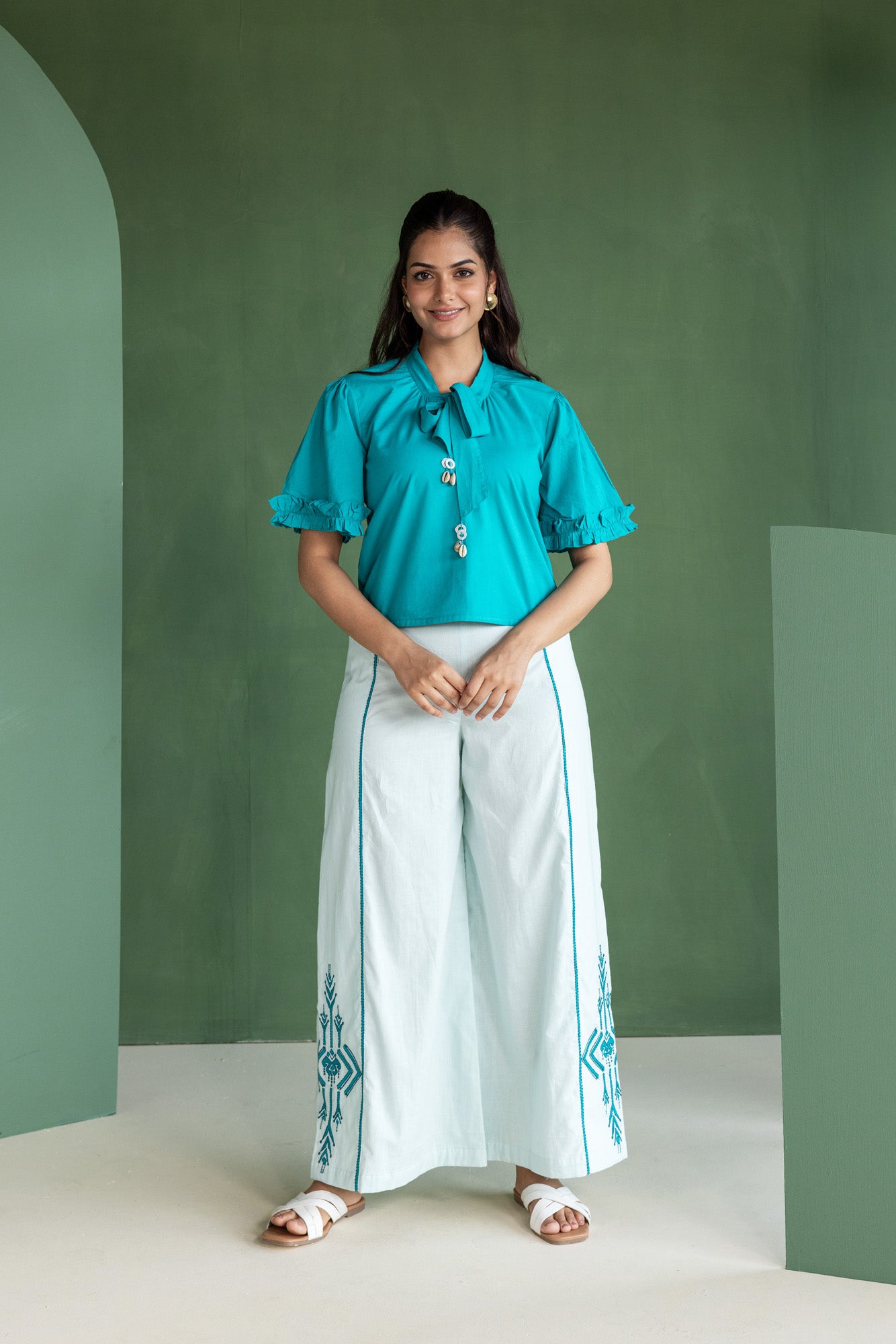 Aqua Bow Tie Top with Trousers