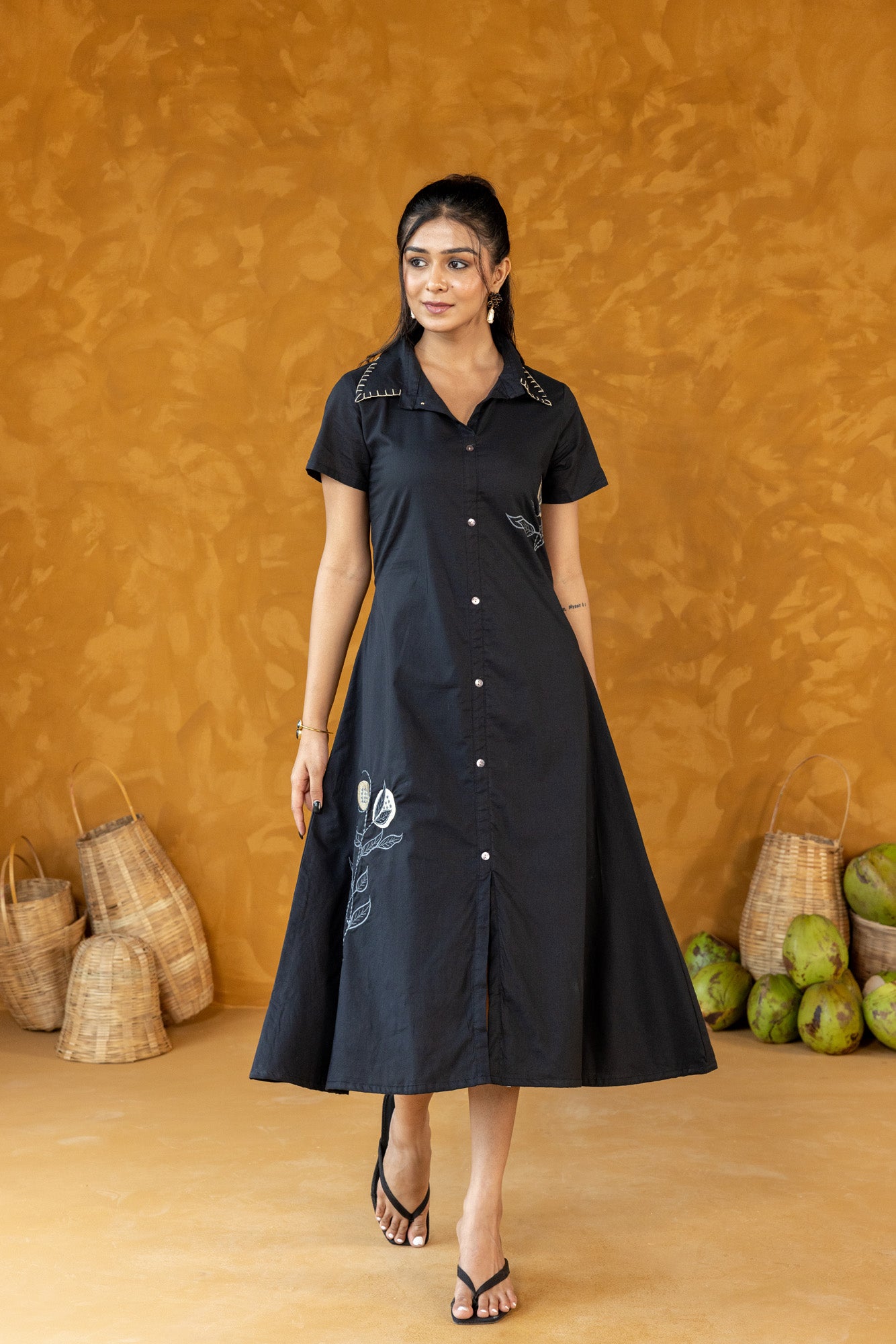 Black Embroidered Button-down Dress