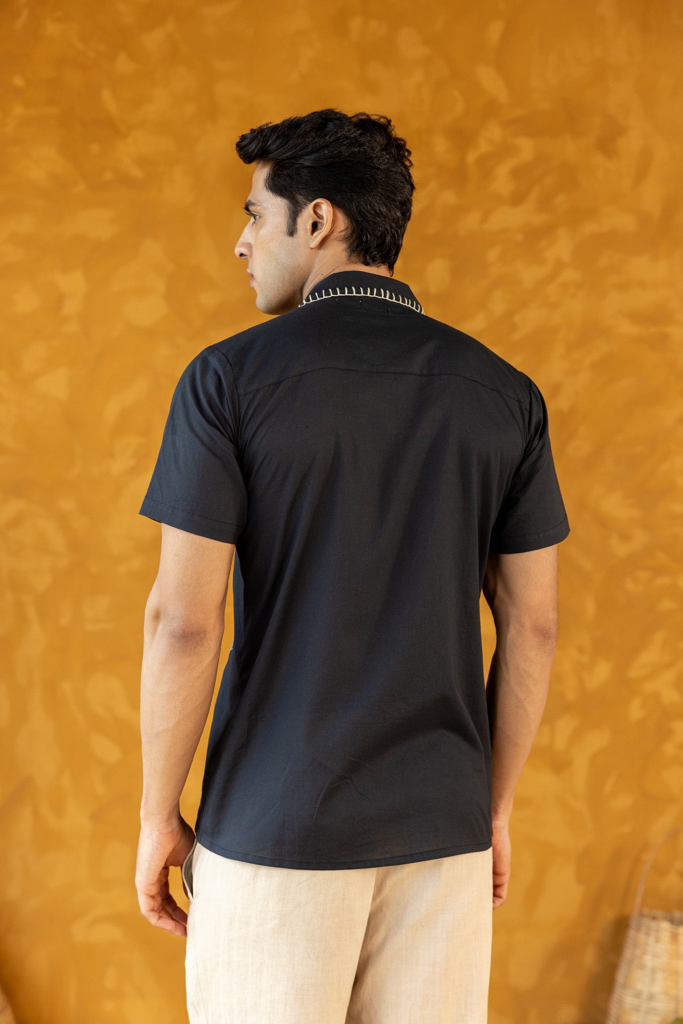 Black Embroidered Hand Stitched Collar Shirt