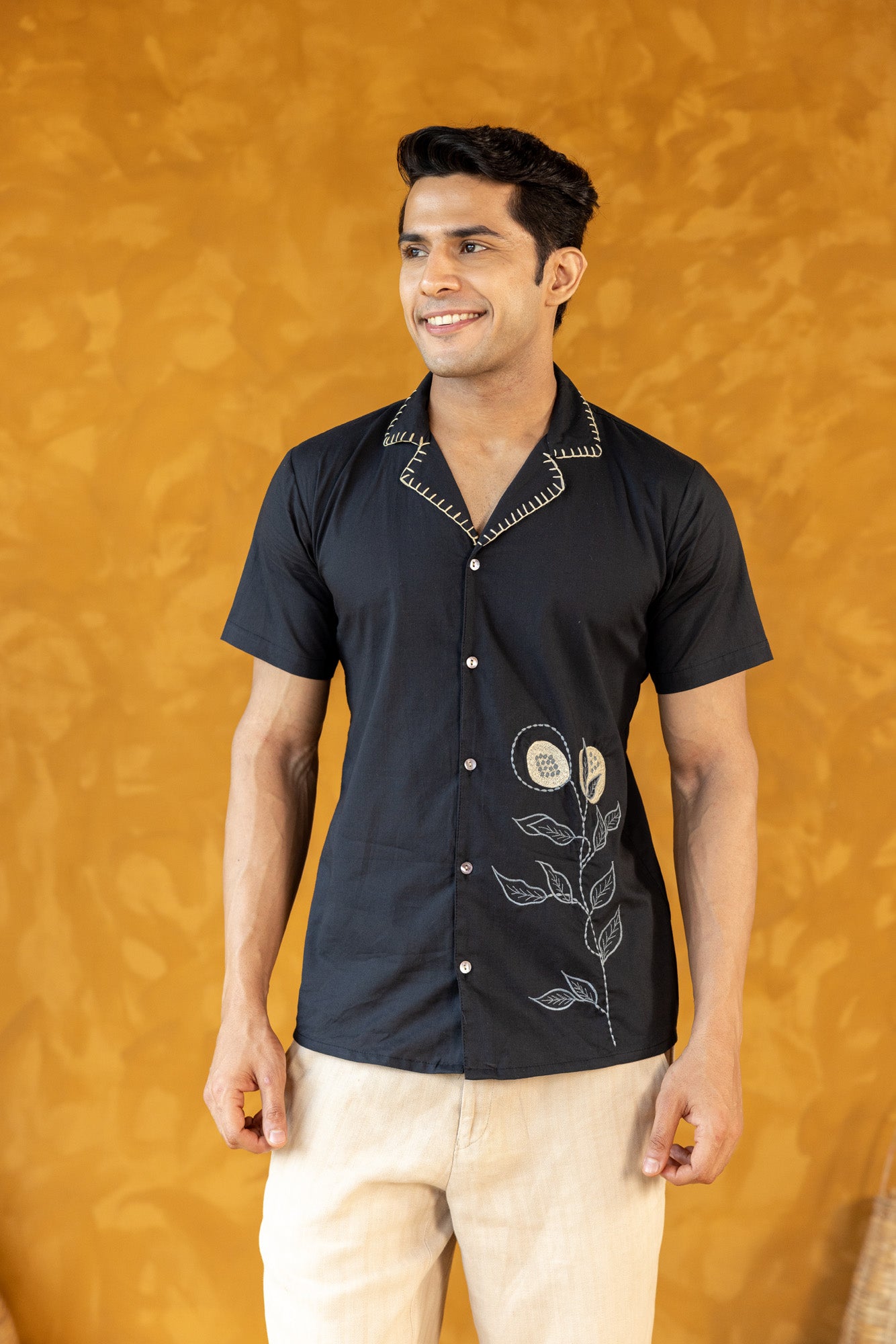 Black Embroidered Hand Stitched Collar Shirt