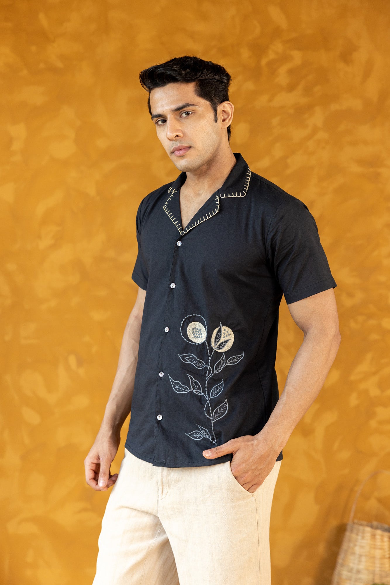 Black Embroidered Hand Stitched Collar Shirt