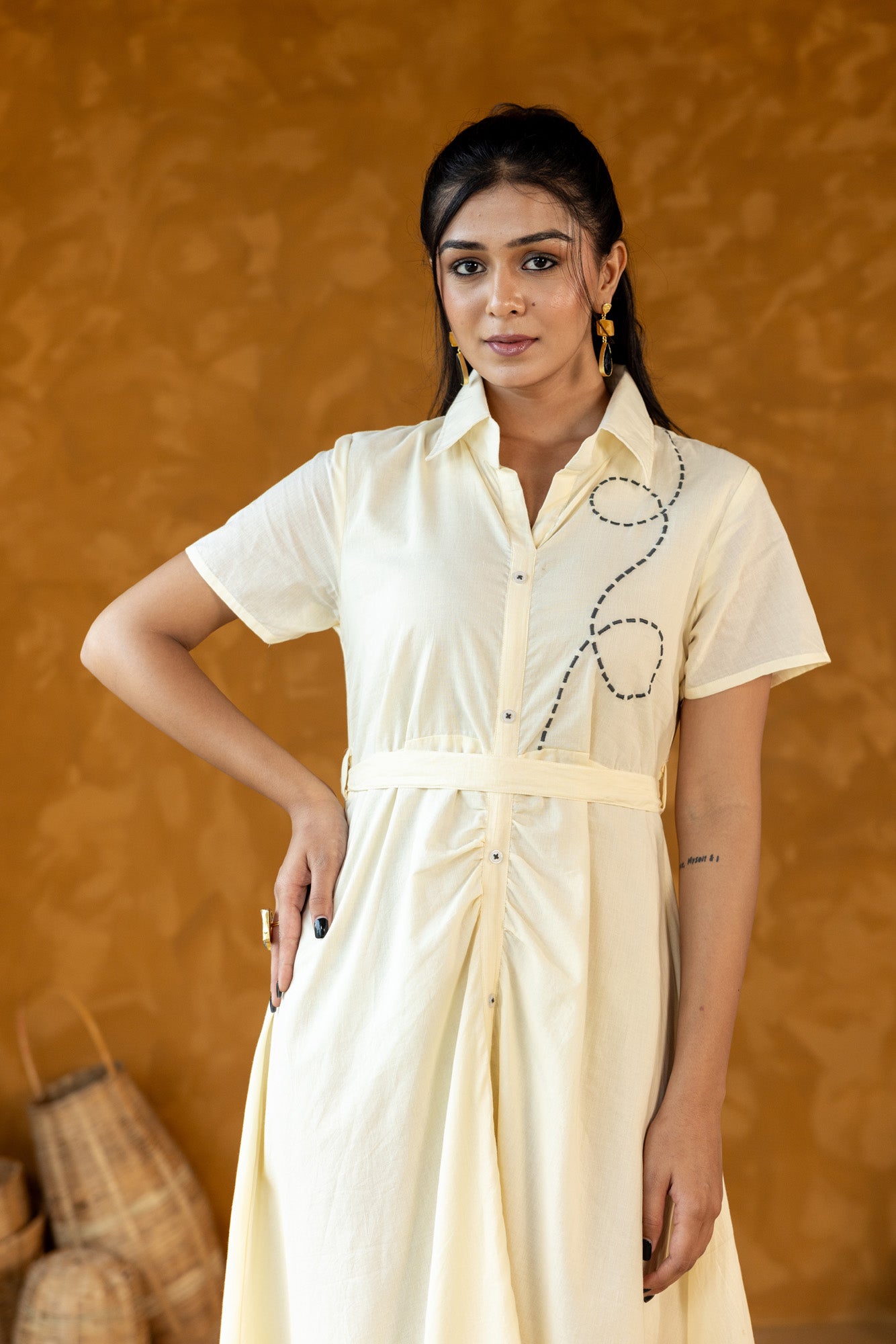 Cream embroidered Shirt Collar Midi Dress