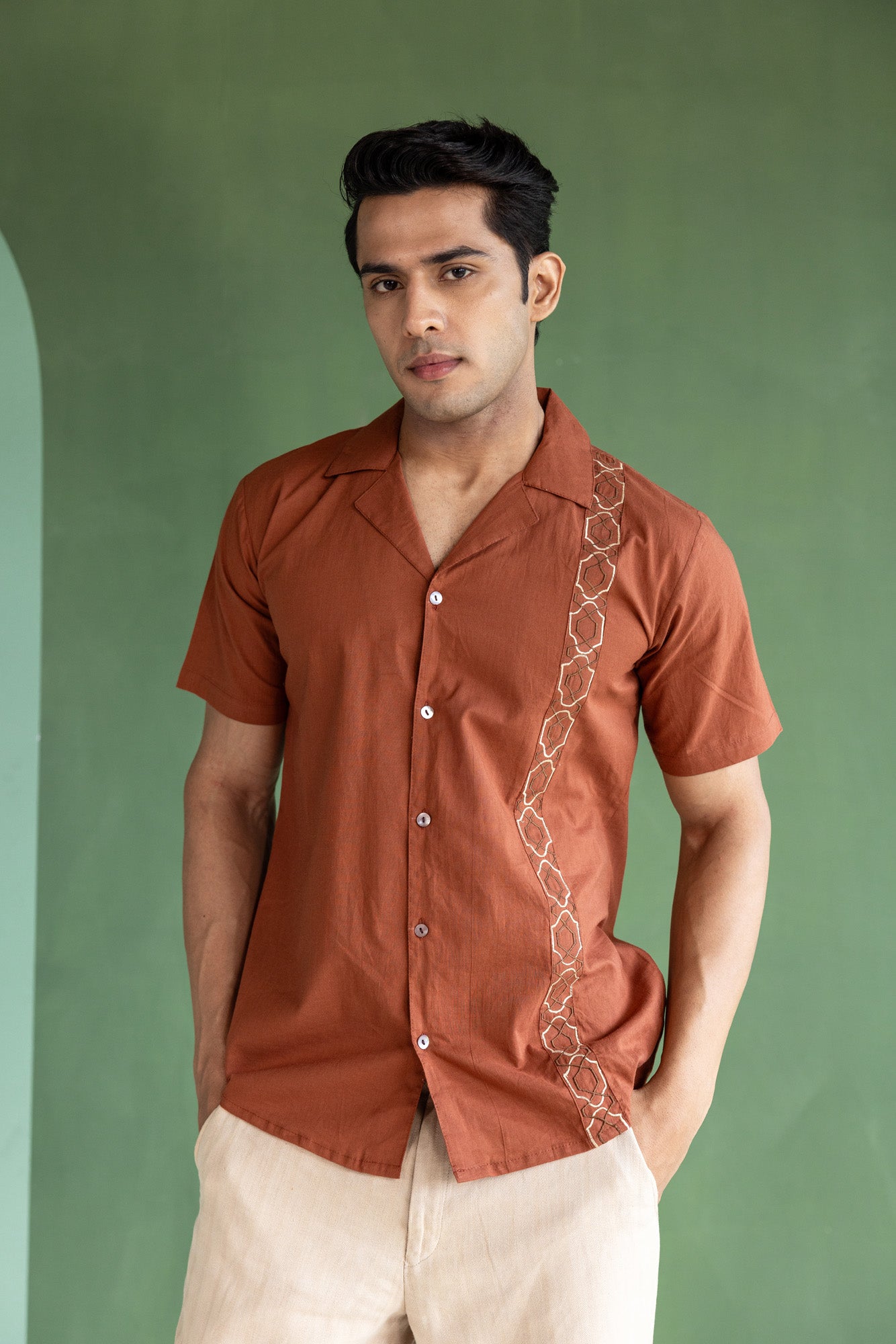 Brown Embroidered  Resort Collar Shirt