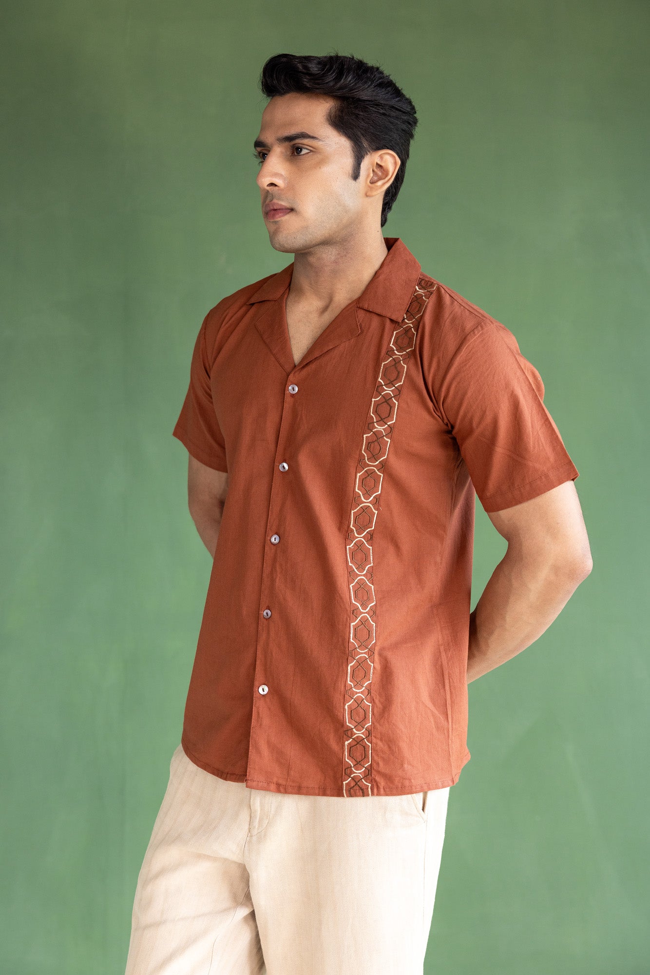 Brown Embroidered  Resort Collar Shirt