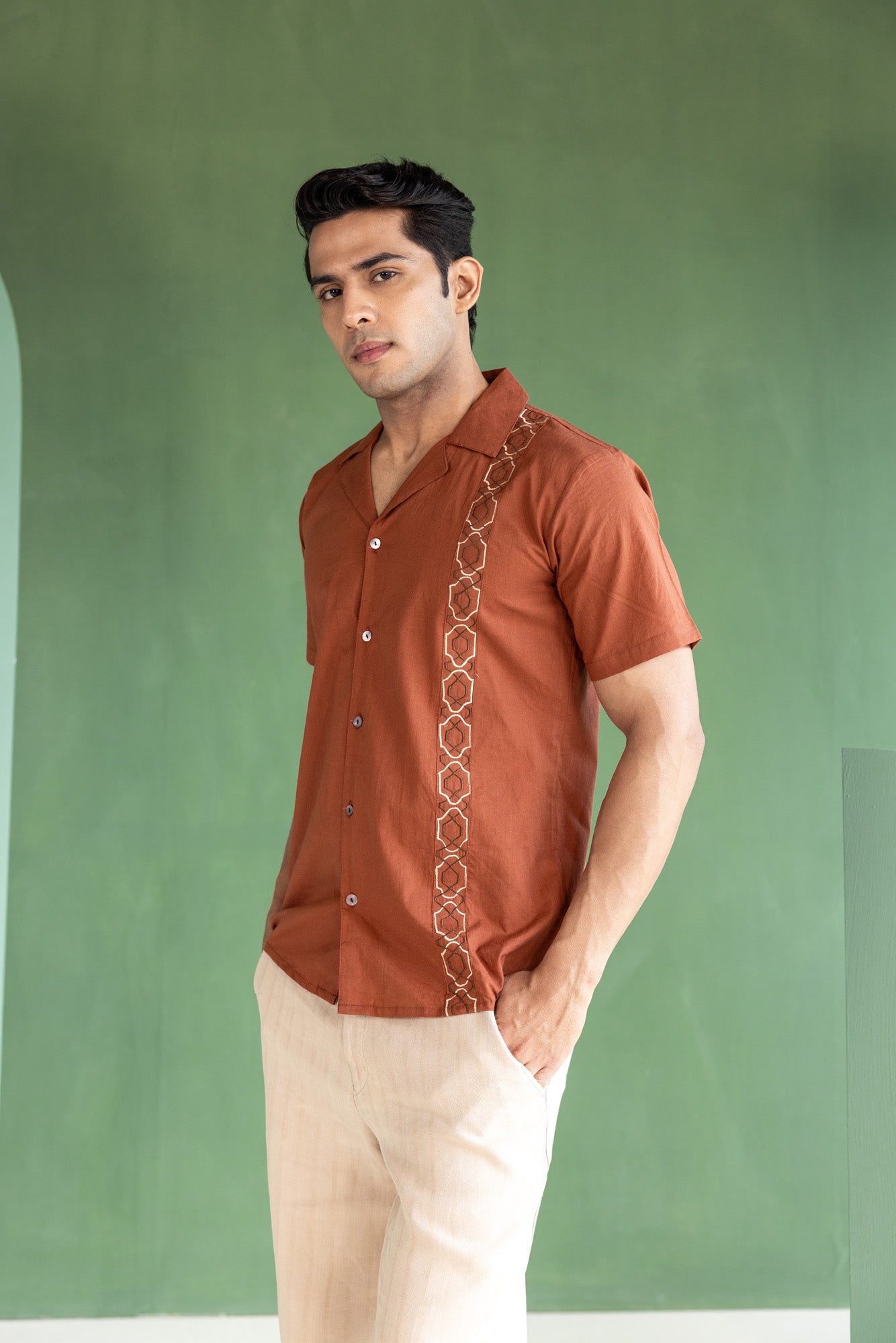 Brown Embroidered  Resort Collar Shirt