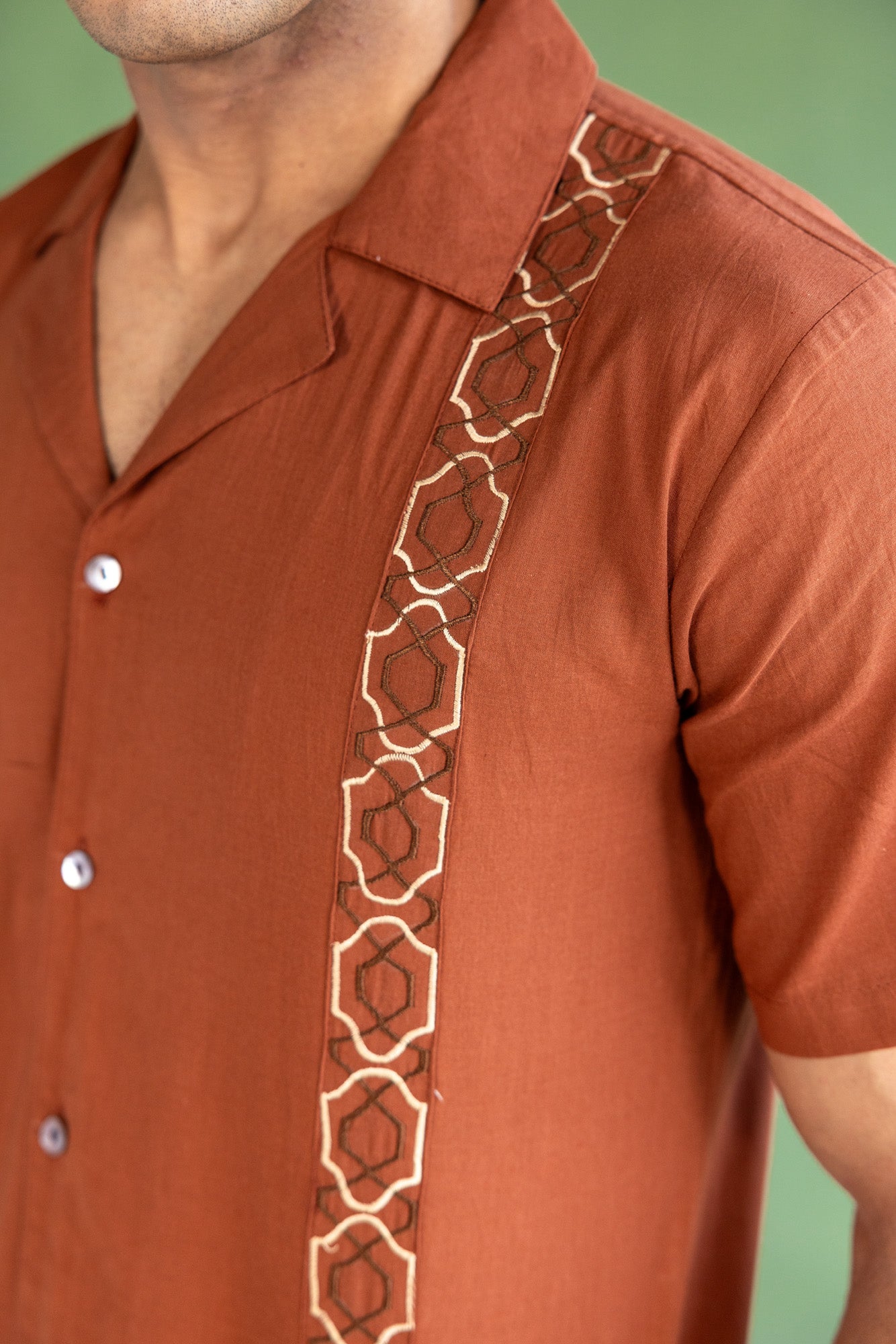 Brown Embroidered  Resort Collar Shirt