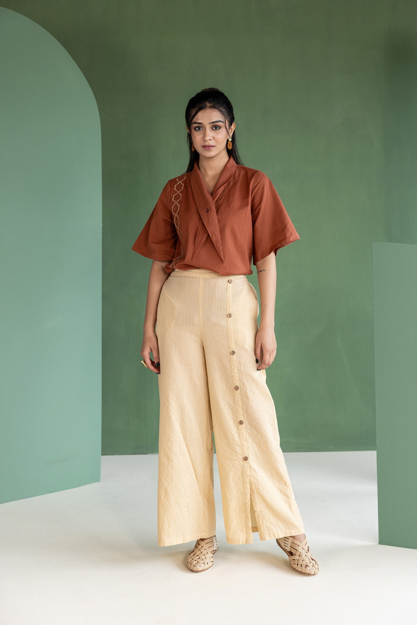 Brown Embroidered Top and Striped Trouser Set