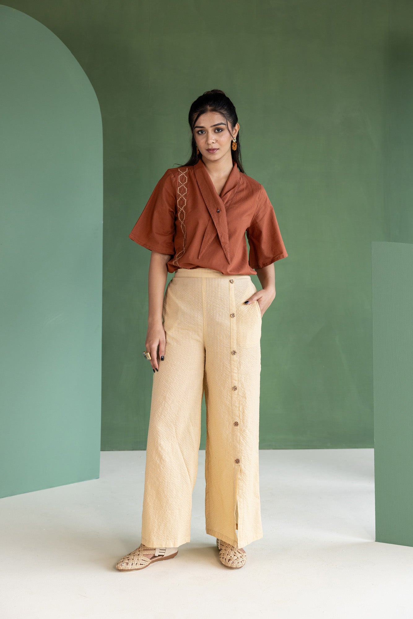 Brown Embroidered Top and Striped Trouser Set